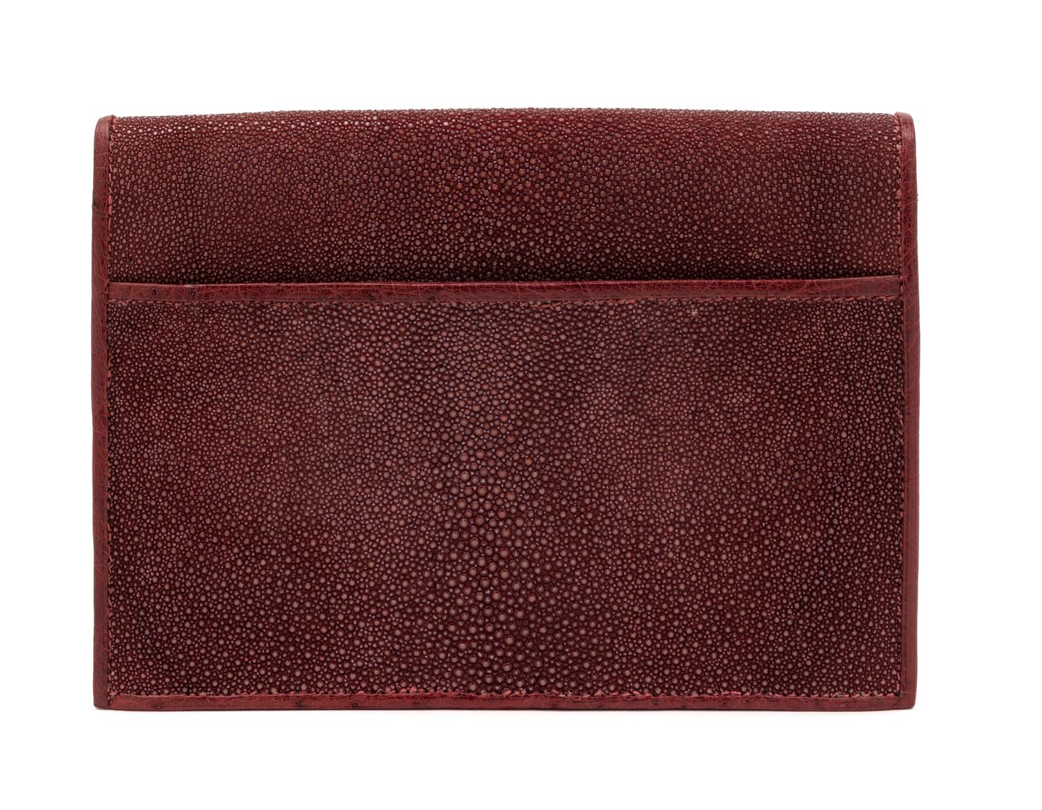 J.P. Renard Maroon Shagreen & Ostrich Clutch, 1980-90s