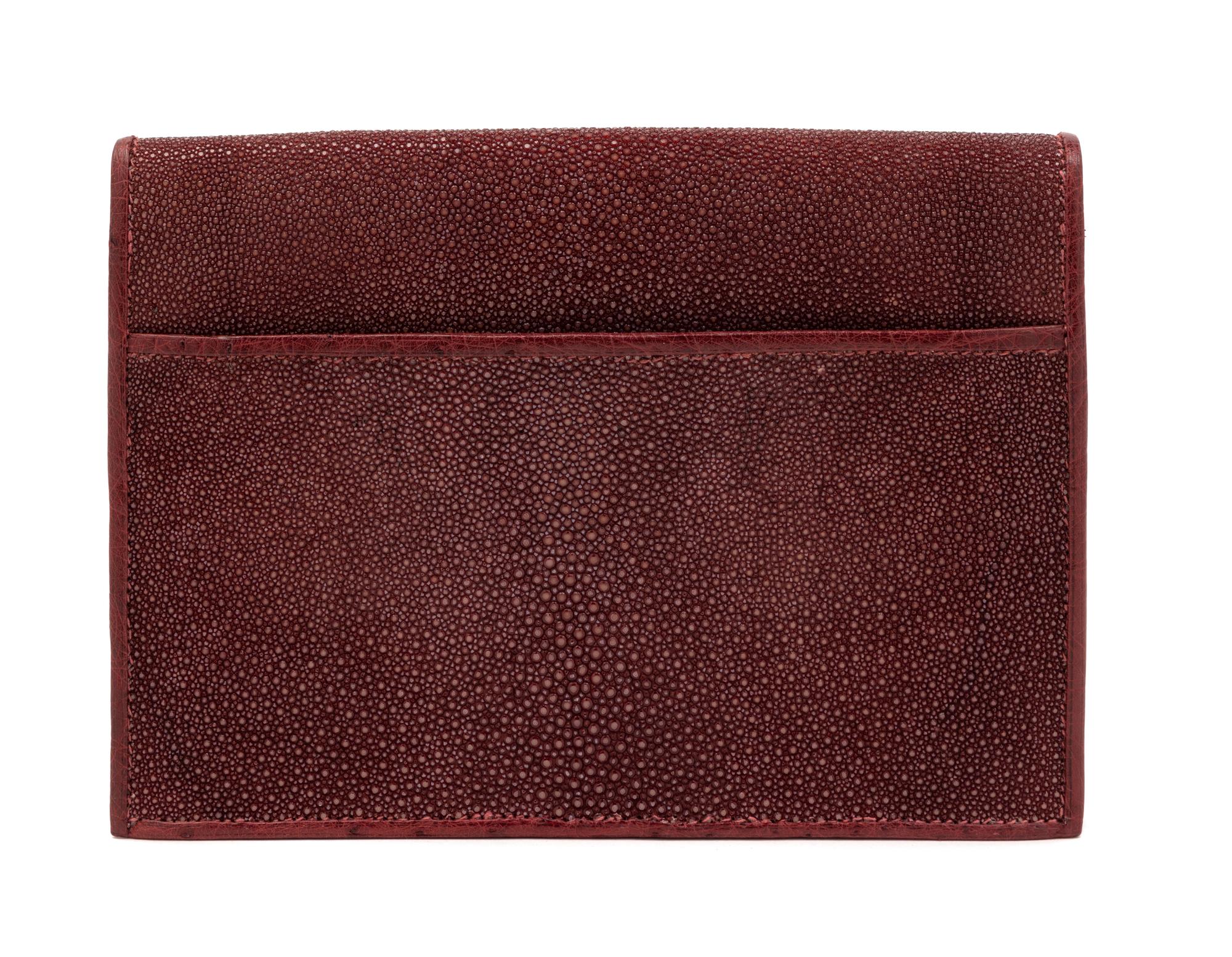 J.P. Renard Maroon Shagreen & Ostrich Clutch, 1980-90s