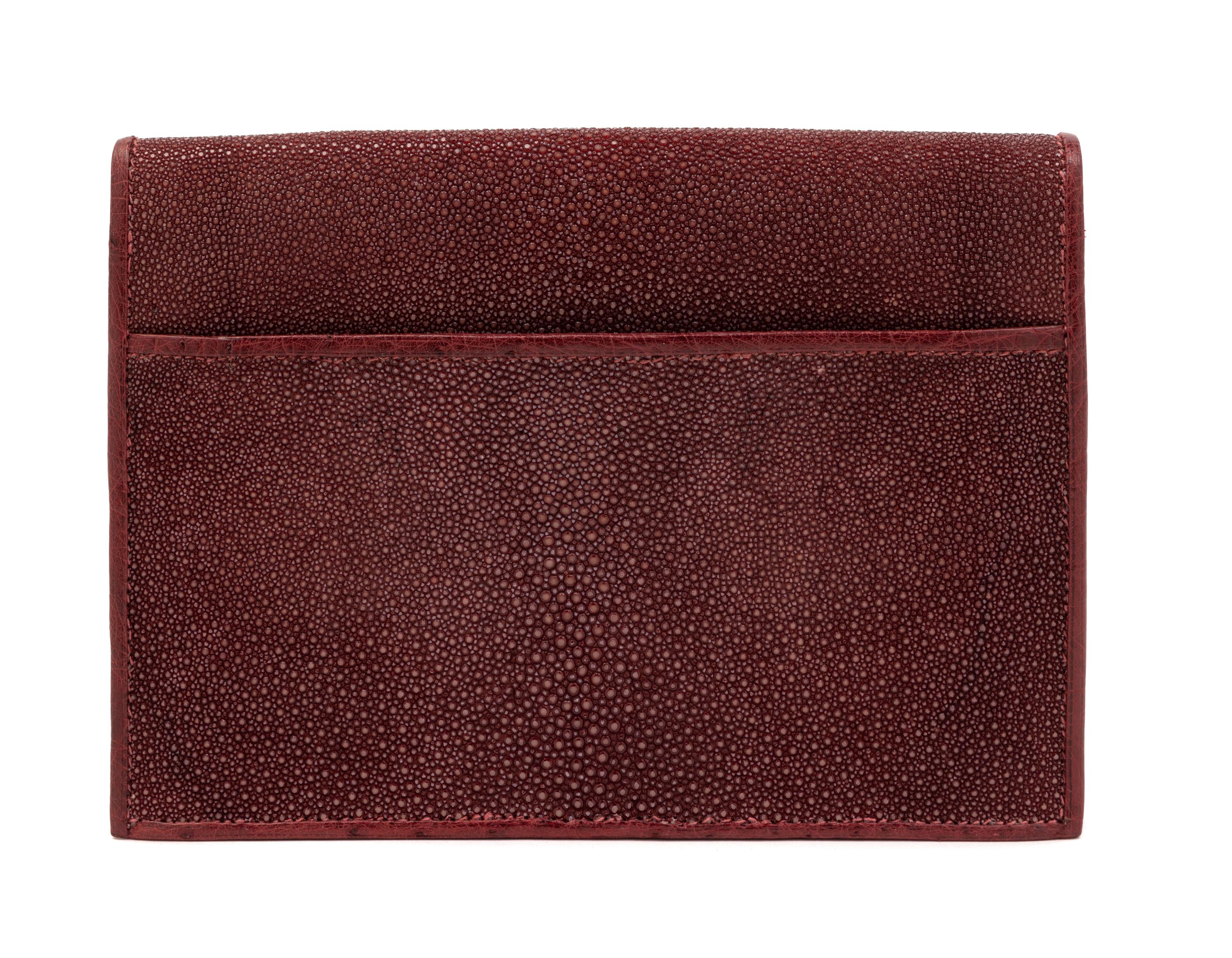 J.P. Renard Maroon Shagreen & Ostrich Clutch, 1980-90s