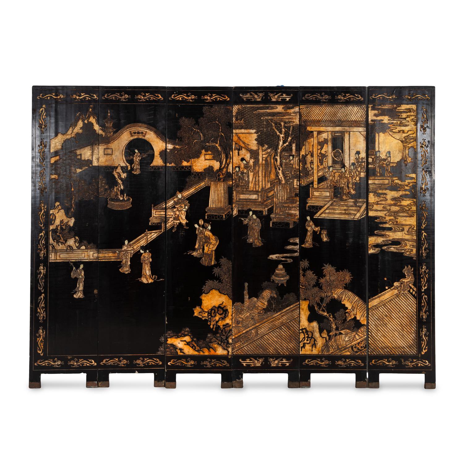 A Chinese Export Lacquer Six-Panel Screen