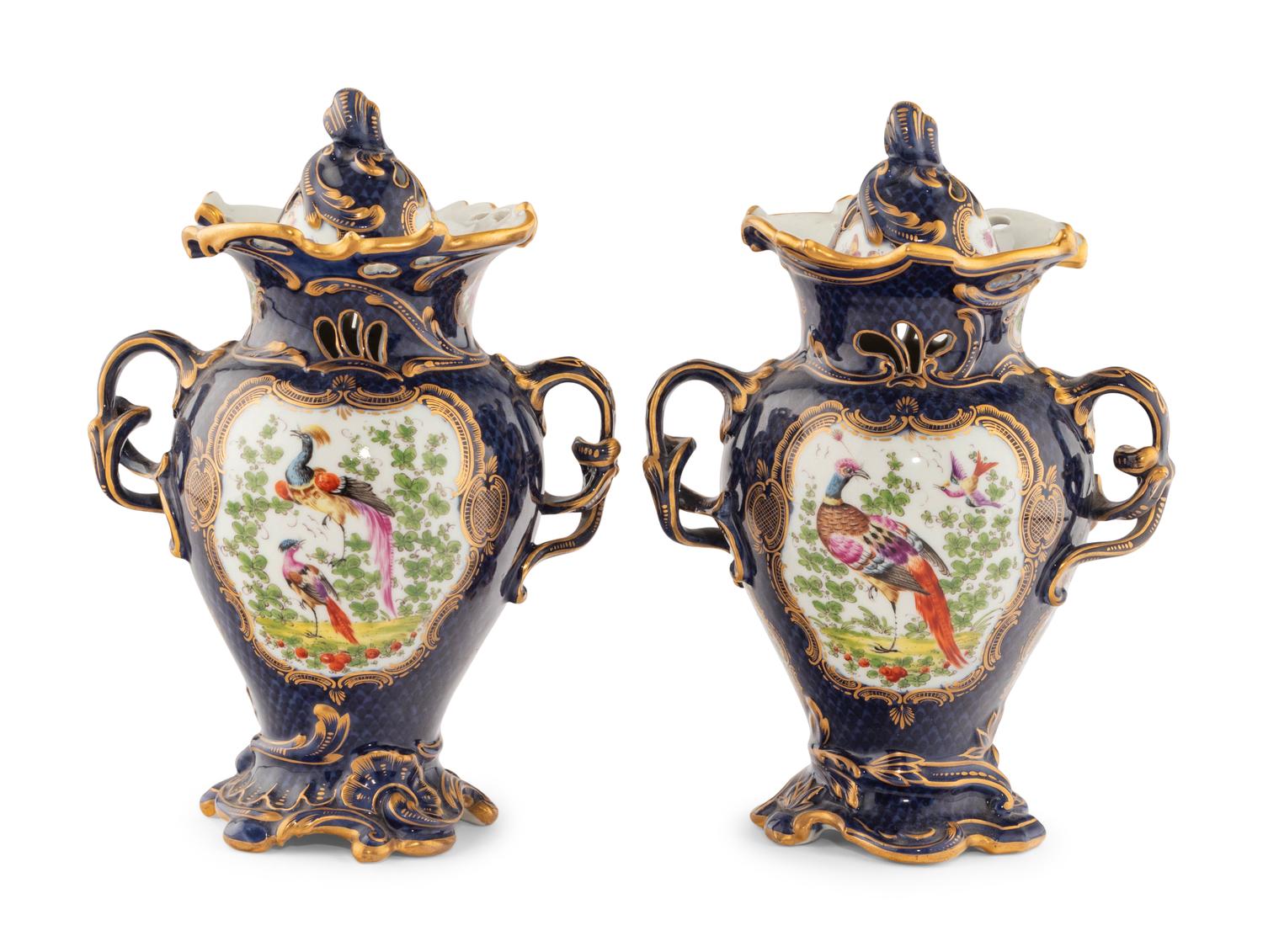 A Pair of Worcester Porcelain Urns and an Associated Center Bowl