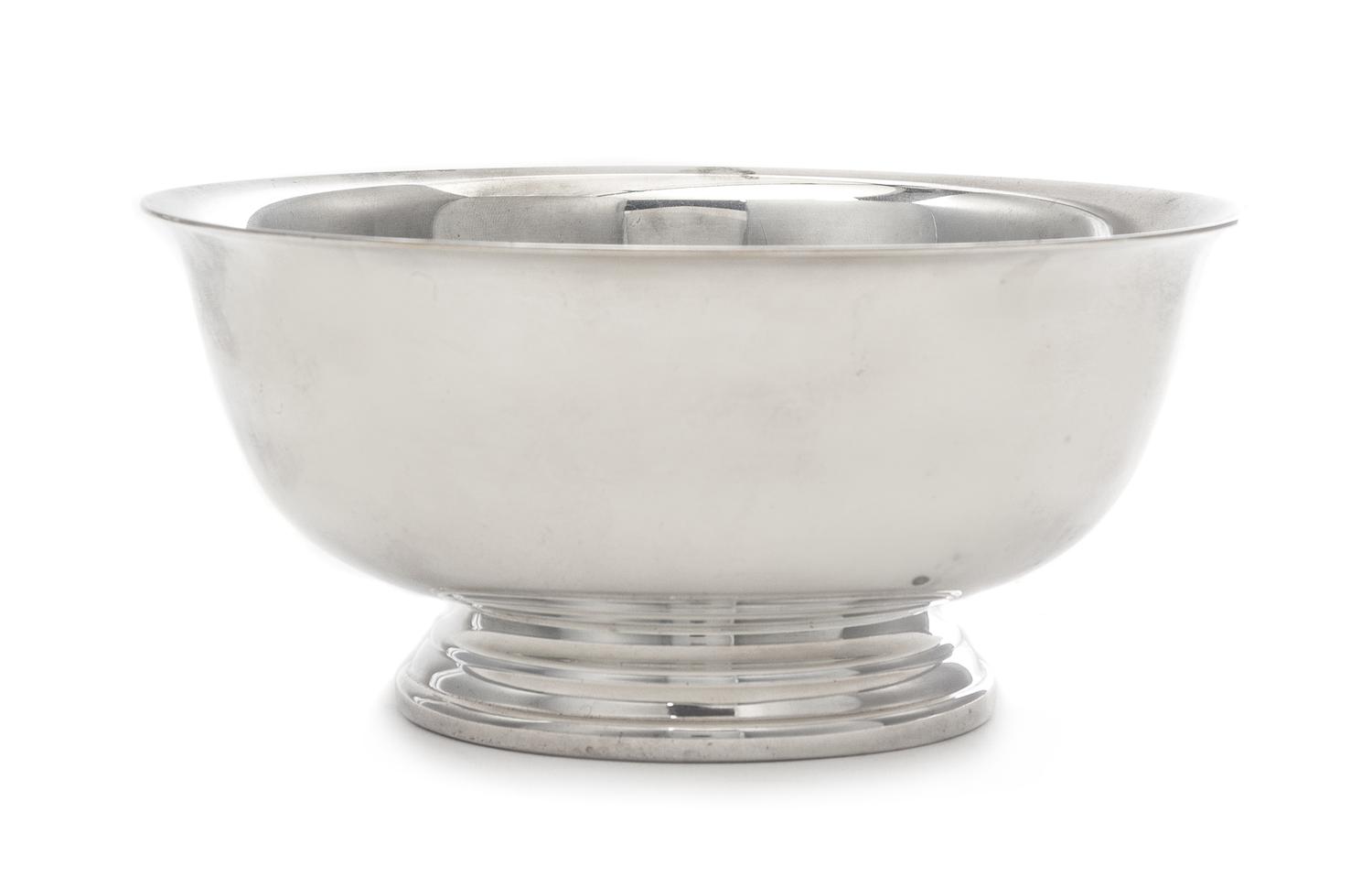 An American Silver Revere Bowl, Gorham Mfg. Co., Providence, RI, of typical form, having a flared rim and raised on a stepped circular