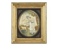 A George III Needlework Picture Depicting a Shepherdess with Sheep