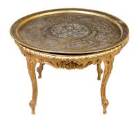 A Syrian Metal Inlaid Tray Height of stand 19 x diameter of tray 29 7/8 inches. — EARLY 20TH CENTURY