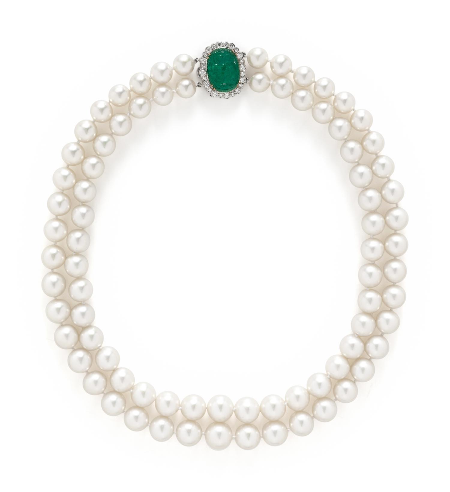 DOUBLE STRAND CULTURED PEARL, DIAMOND, AND CARVED EMERALD NECKLACE