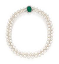 DOUBLE STRAND CULTURED PEARL, DIAMOND, AND CARVED EMERALD NECKLACE