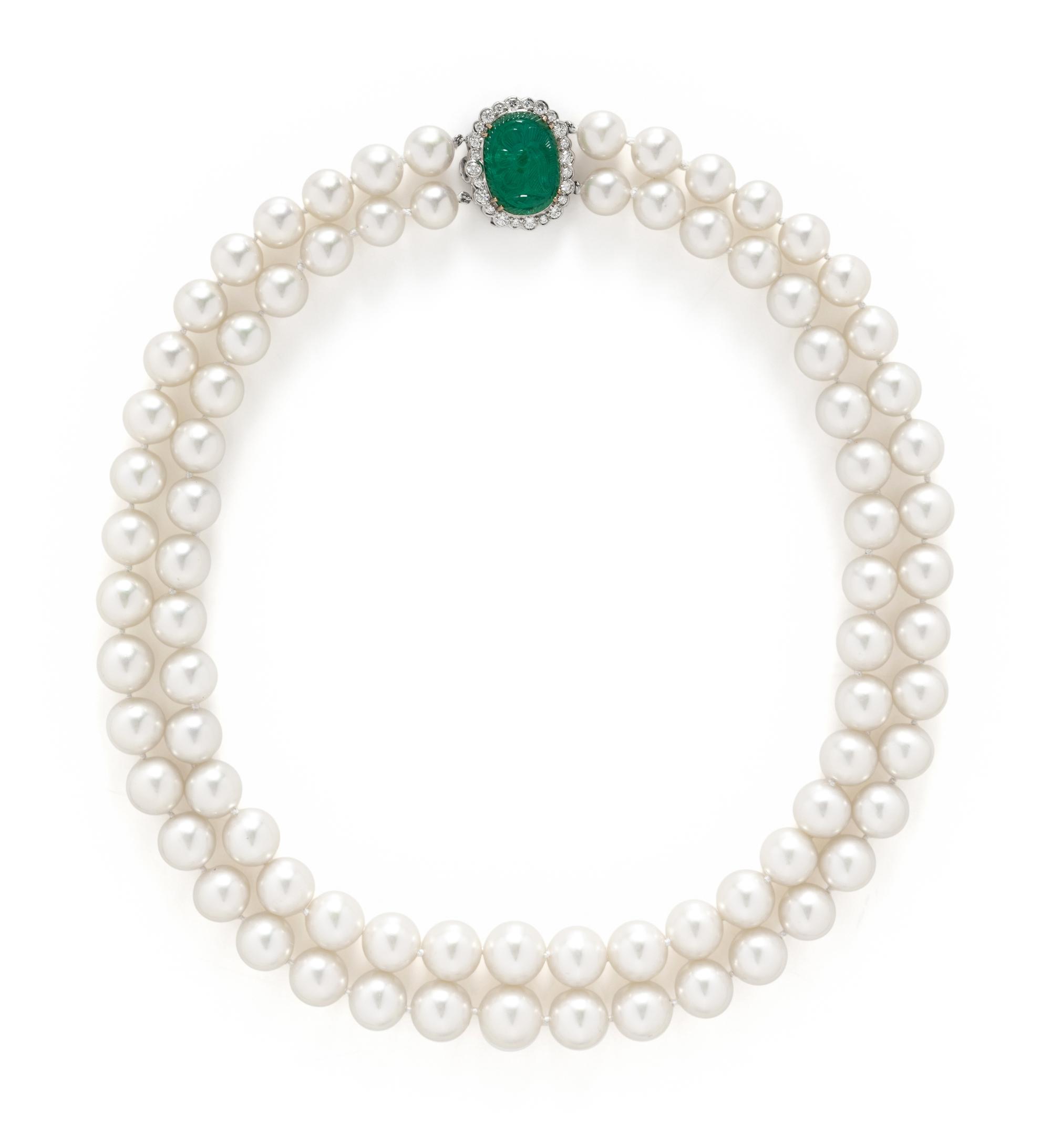 DOUBLE STRAND CULTURED PEARL, DIAMOND, AND CARVED EMERALD NECKLACE