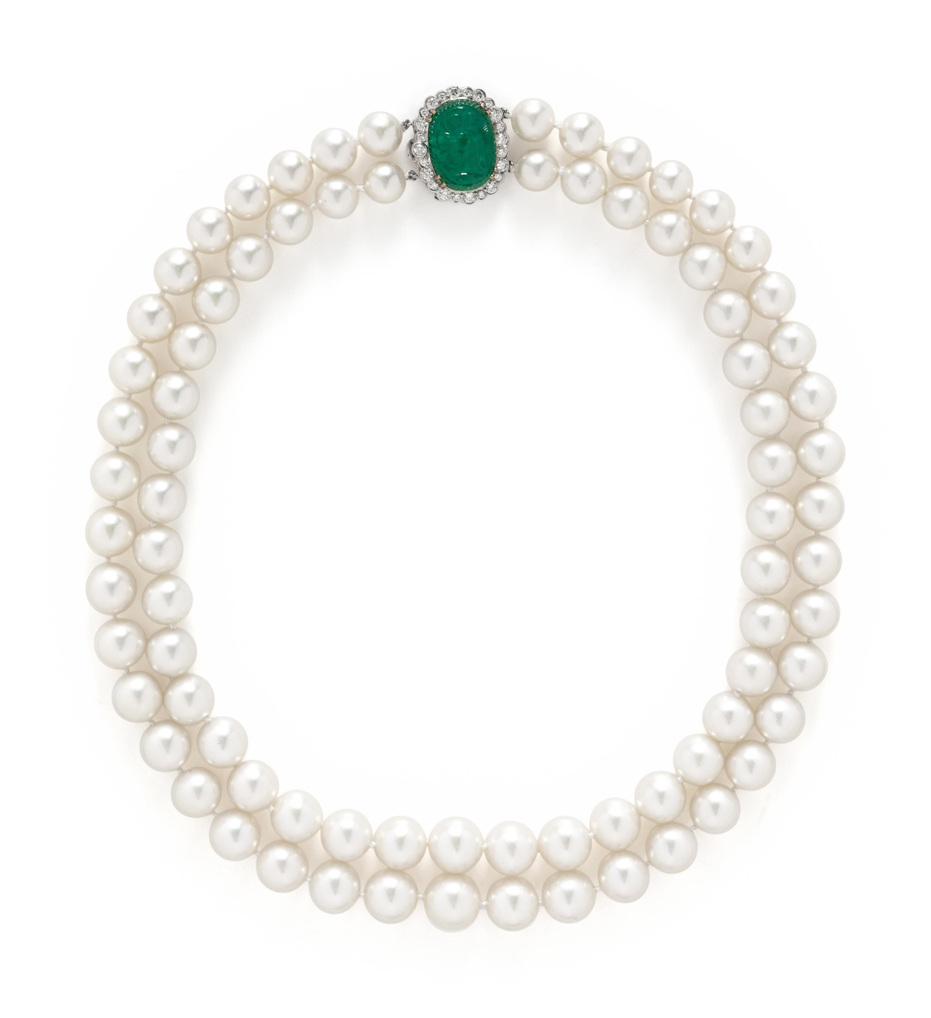 DOUBLE STRAND CULTURED PEARL, DIAMOND, AND CARVED EMERALD NECKLACE