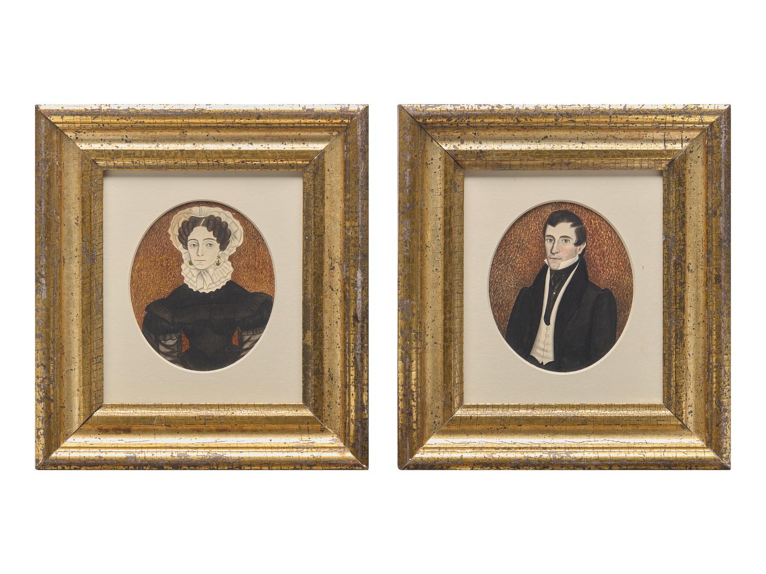 American School 19th Century, A Pair of Portrait Miniatures Depicting a Lady and a Gentleman , Circa 1830