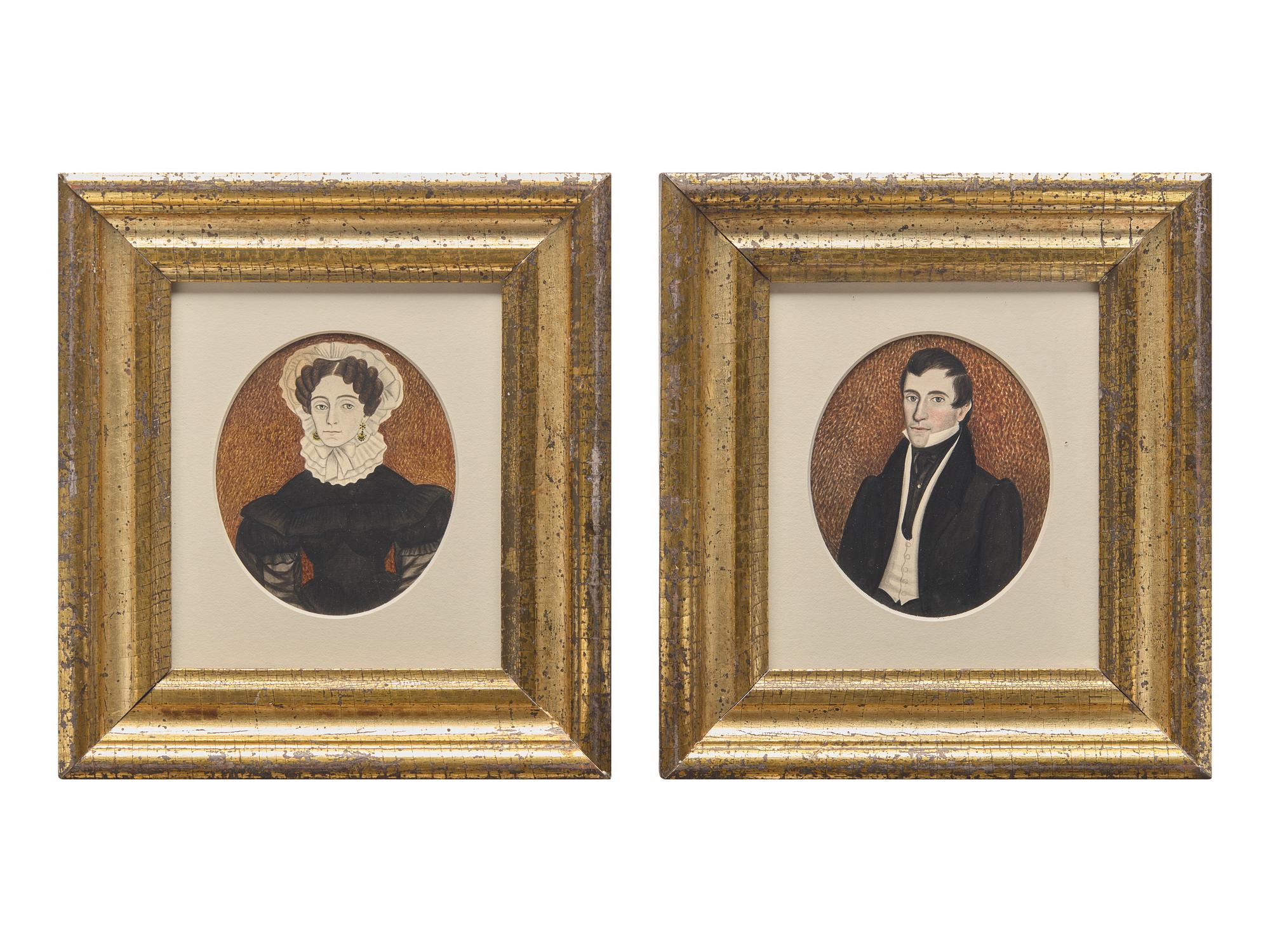 American School 19th Century, A Pair of Portrait Miniatures Depicting a Lady and a Gentleman , Circa 1830