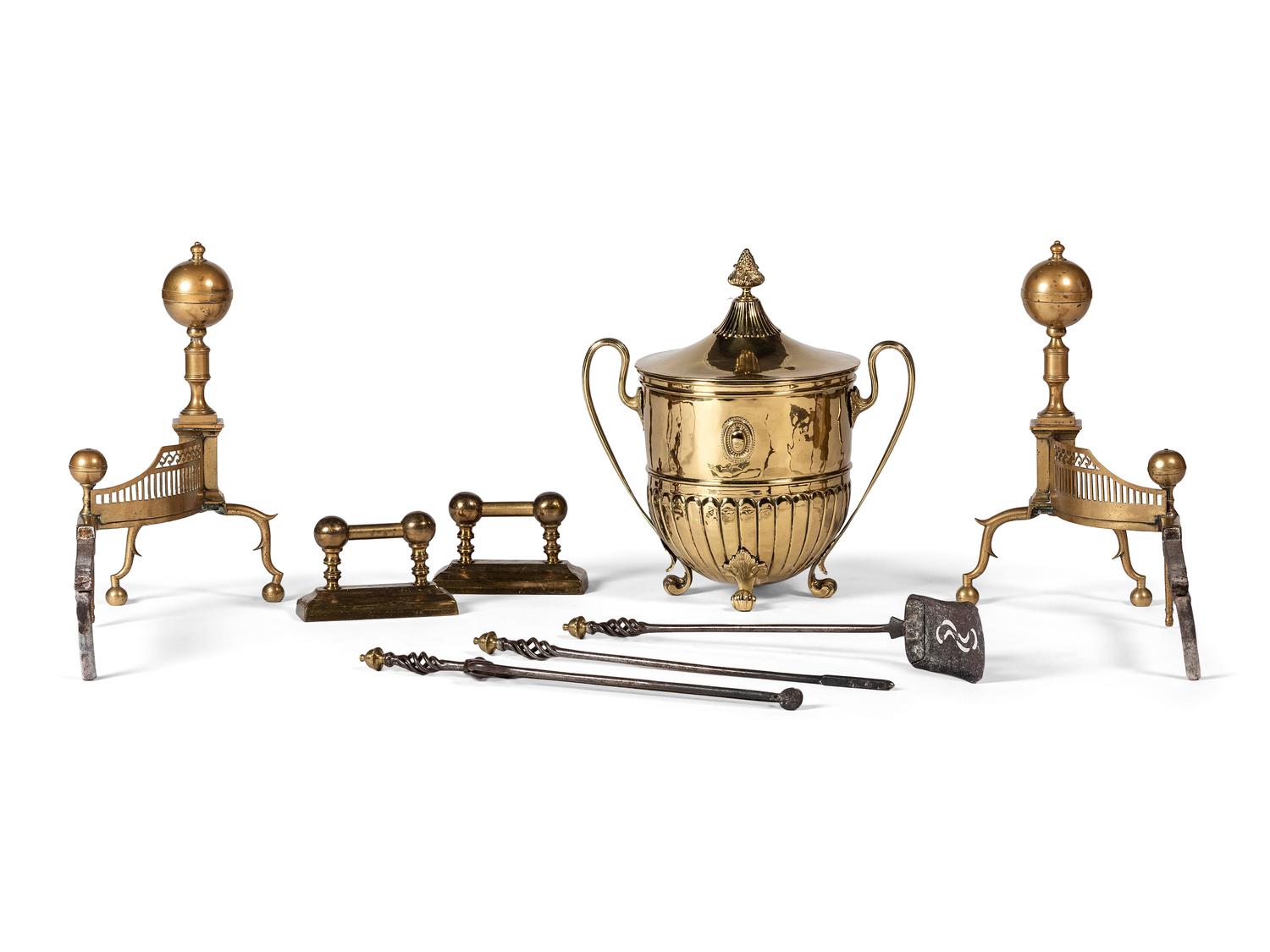 A Pair of Federal Engraved Brass Ball-Top Andirons