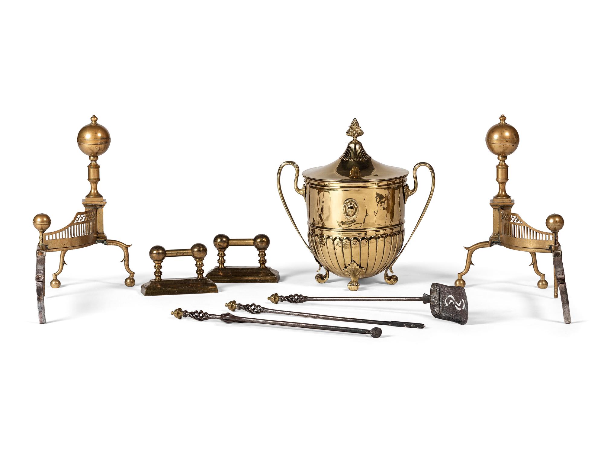 A Pair of Federal Engraved Brass Ball-Top Andirons