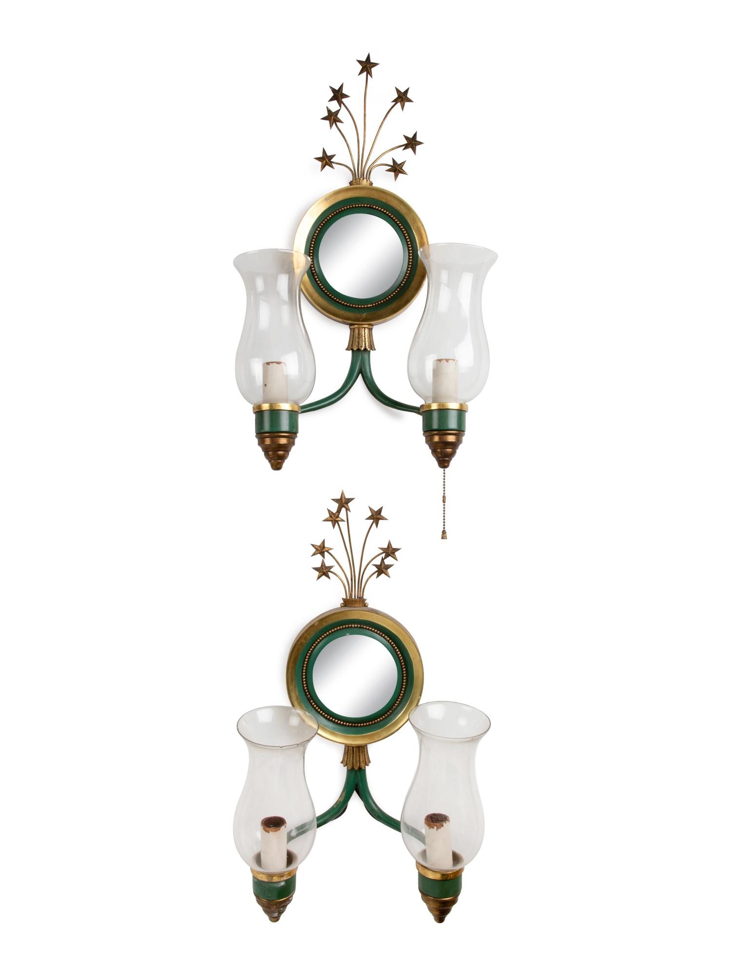 A Set of Four Parcel Gilt and Enameled Metal Two-Light Sconces
