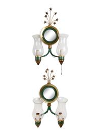 A Set of Four Parcel Gilt and Enameled Metal Two-Light Sconces