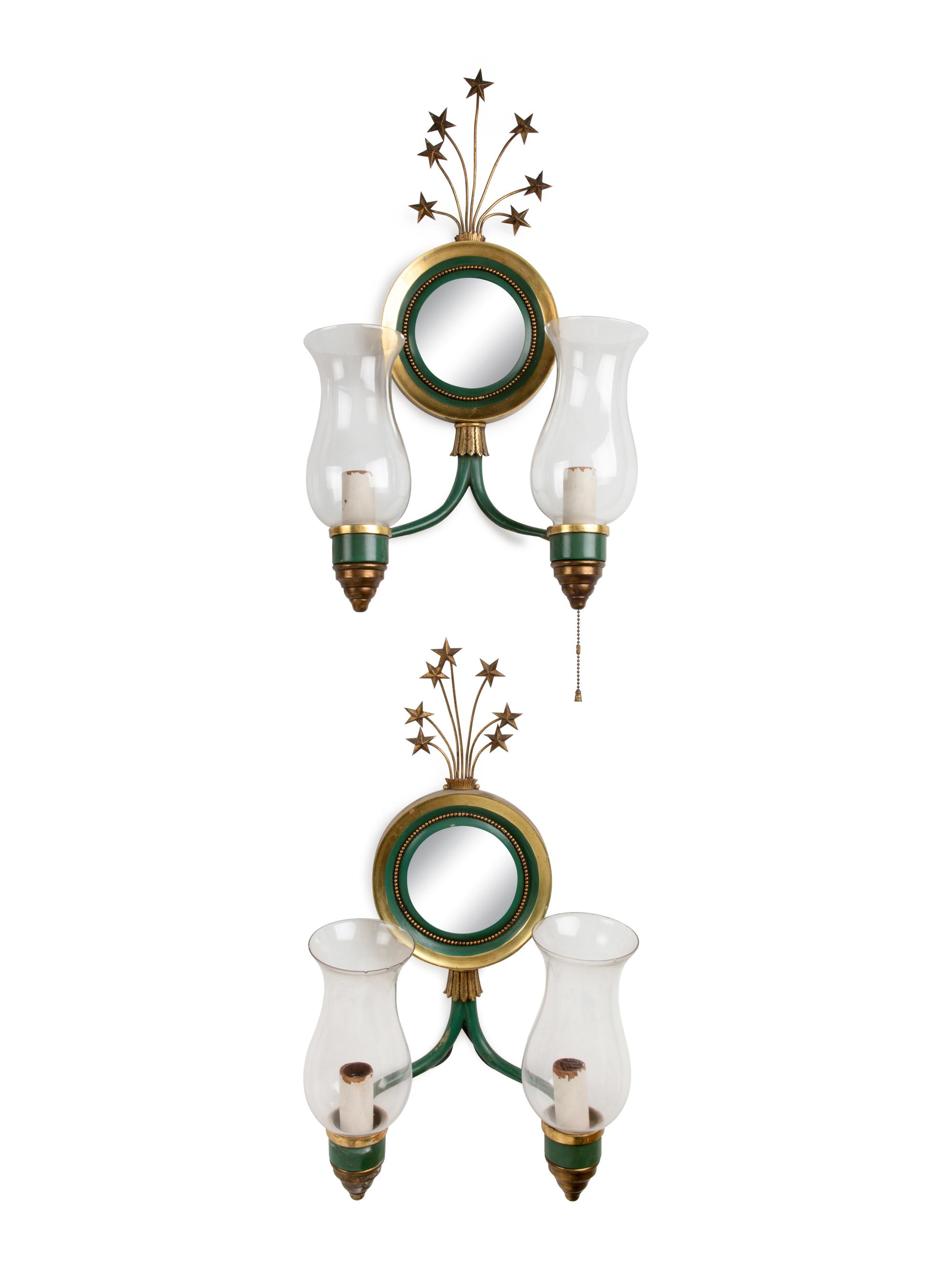 A Set of Four Parcel Gilt and Enameled Metal Two-Light Sconces