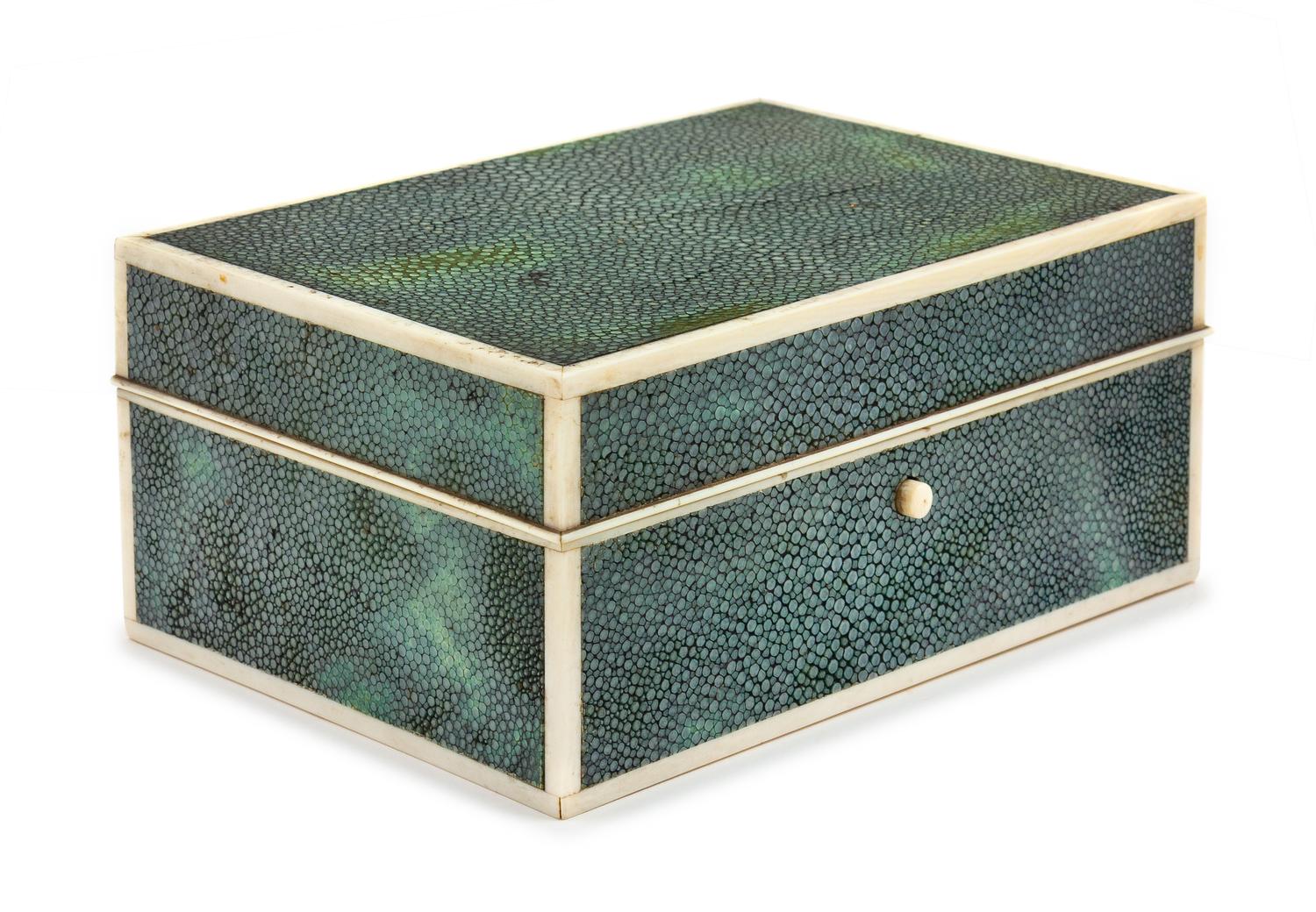 A Shagreen Veneered Table Casket Height 3 x width 6 5/8 x depth 4 5/8 inches. — LATE 19TH/EARLY 20TH CENTURY