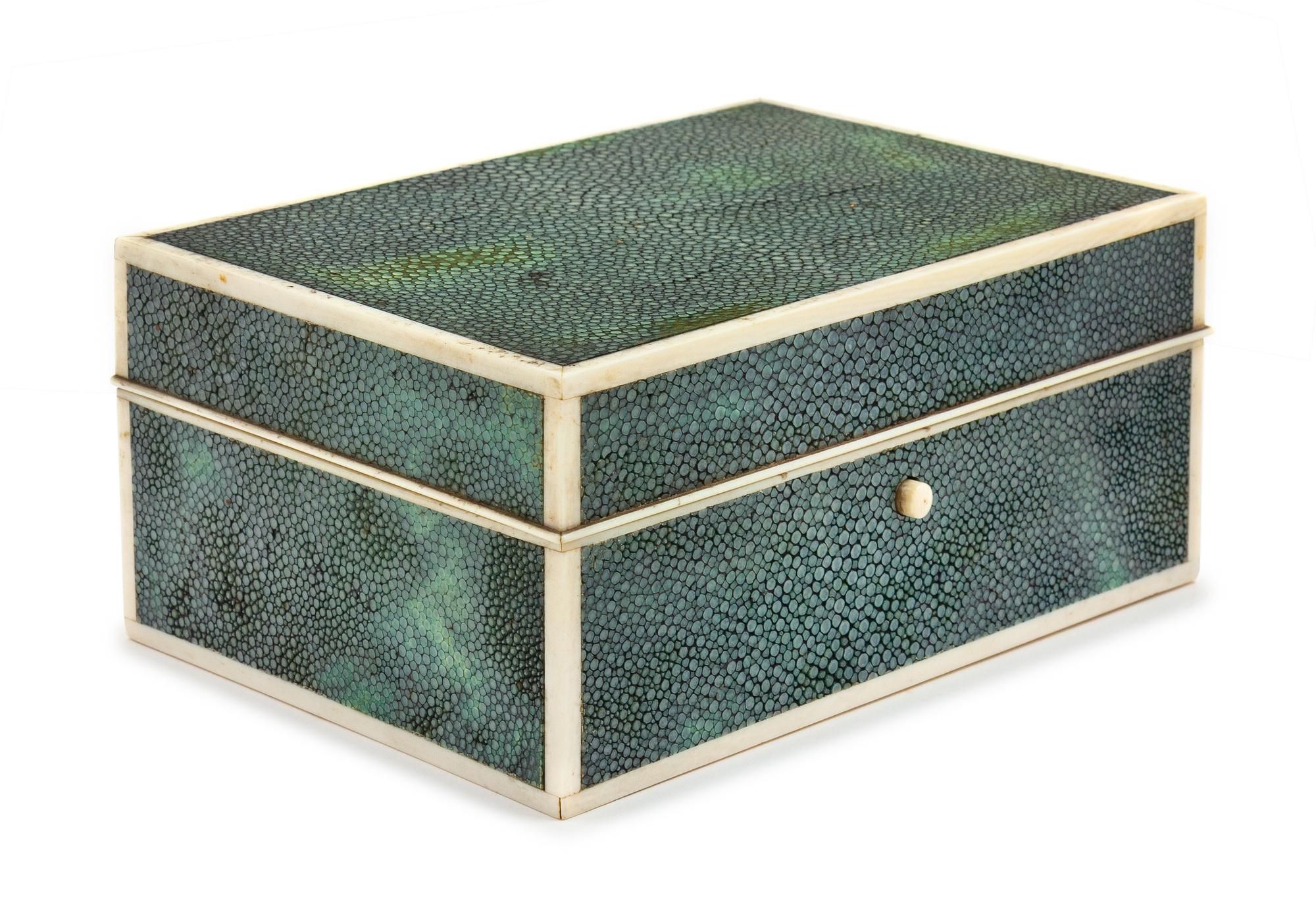A Shagreen Veneered Table Casket Height 3 x width 6 5/8 x depth 4 5/8 inches. — LATE 19TH/EARLY 20TH CENTURY