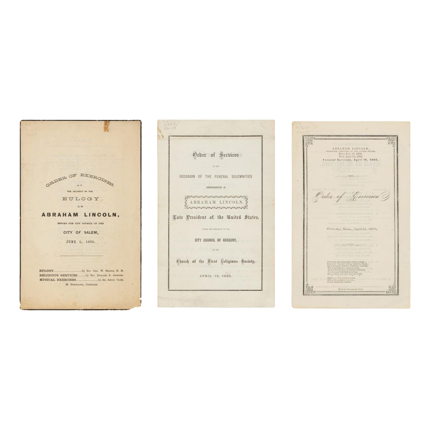 [LINCOLN FUNERAL]. A group of 3 orders of services, comprising: