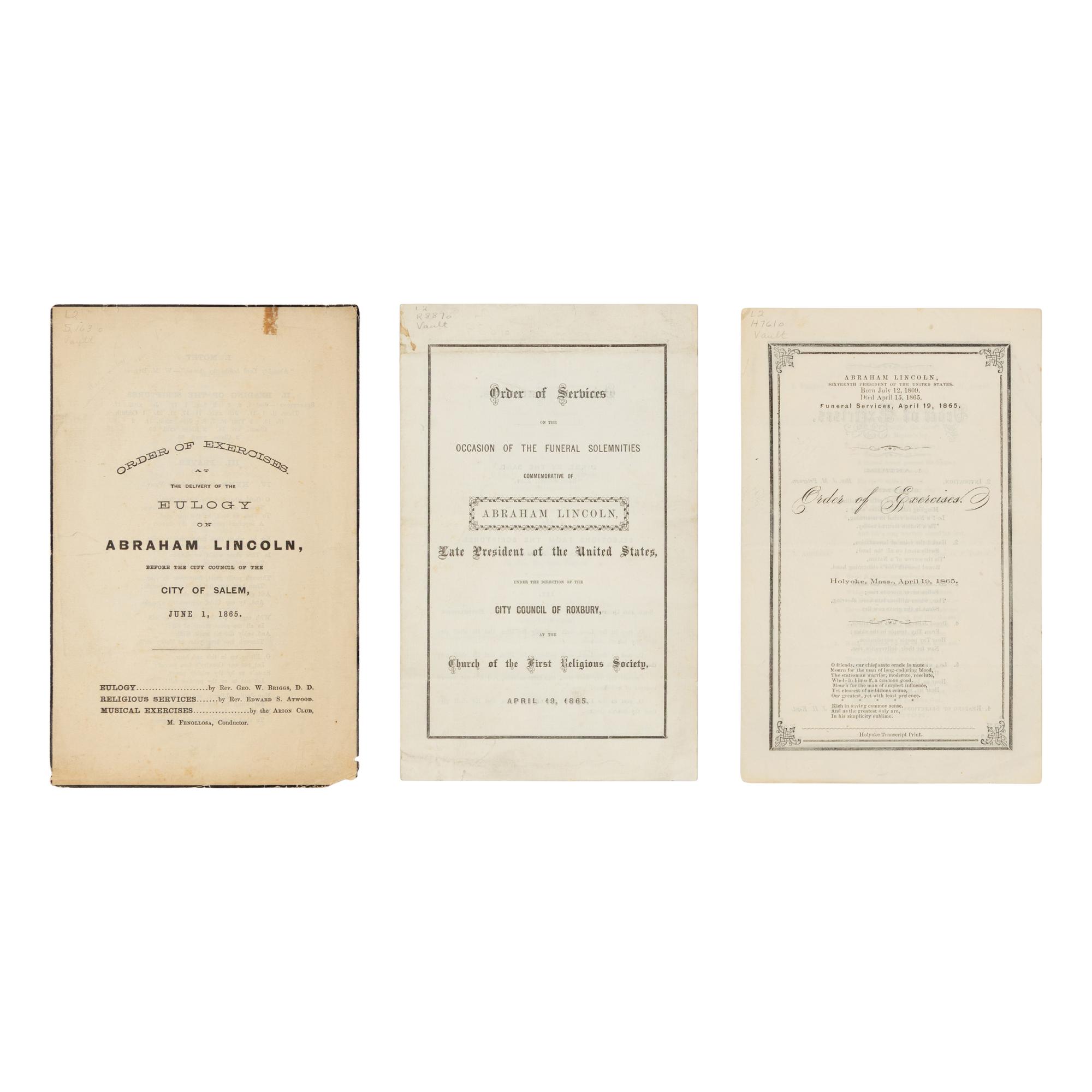 [LINCOLN FUNERAL]. A group of 3 orders of services, comprising:
