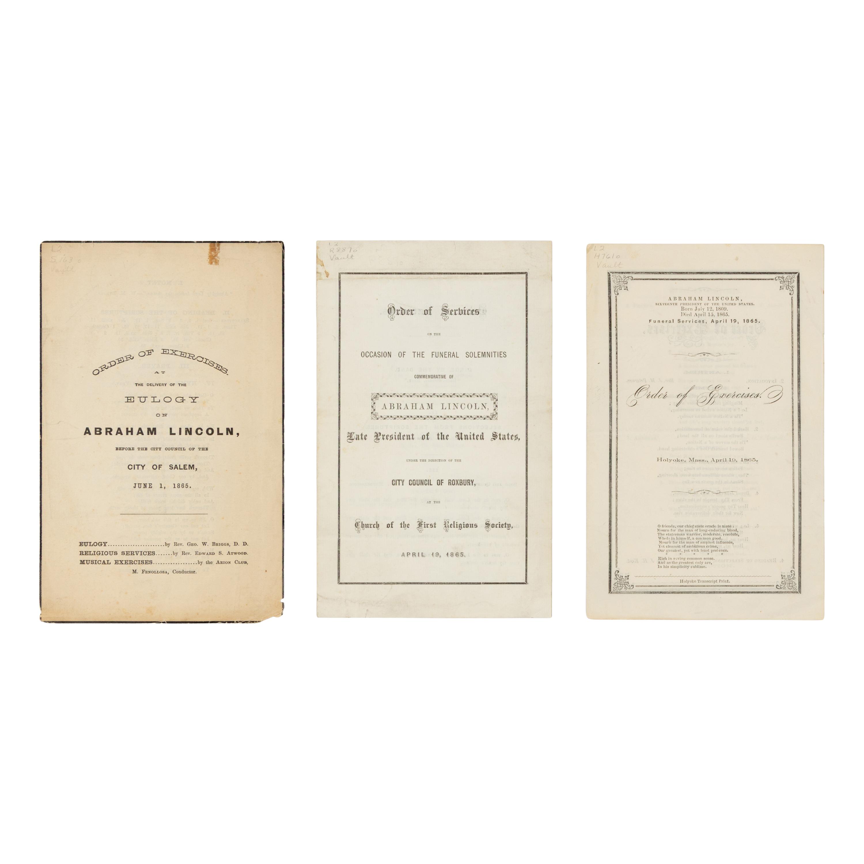 [LINCOLN FUNERAL]. A group of 3 orders of services, comprising: