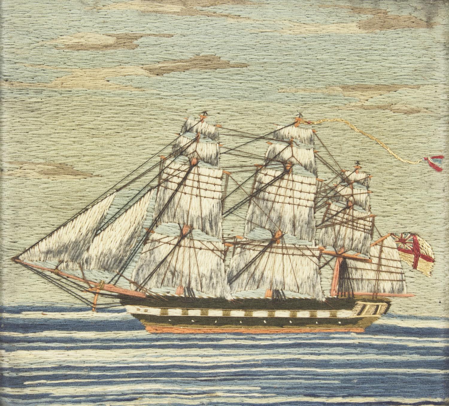 An English Embroidered "Woolie" Depicting the H.M.S. Doris , Dated "1874 / 1876"
