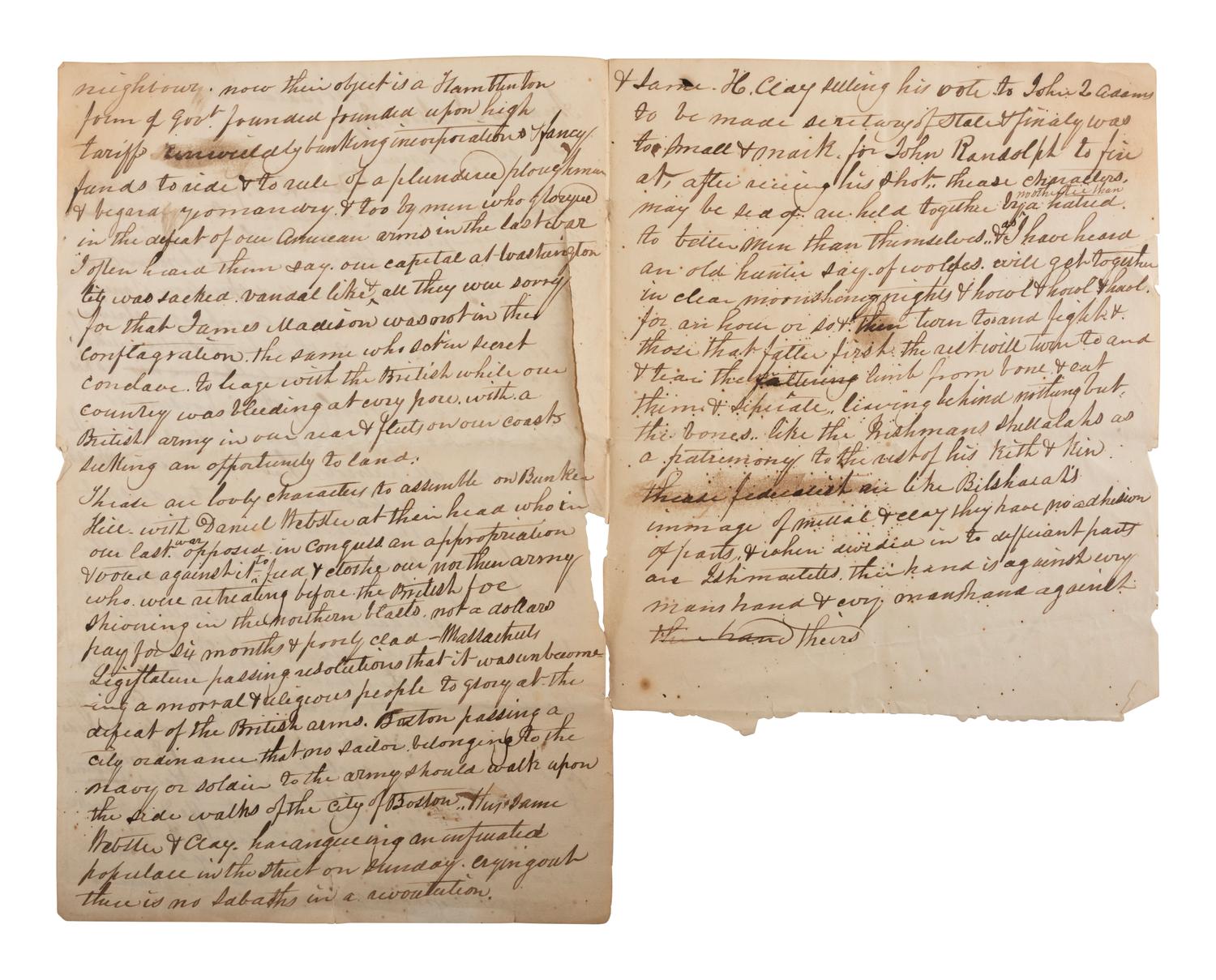[JACKSON, Andrew (1767-1845)]. Unsigned draft letter addressed to Andrew Jackson, [ca 1828?].