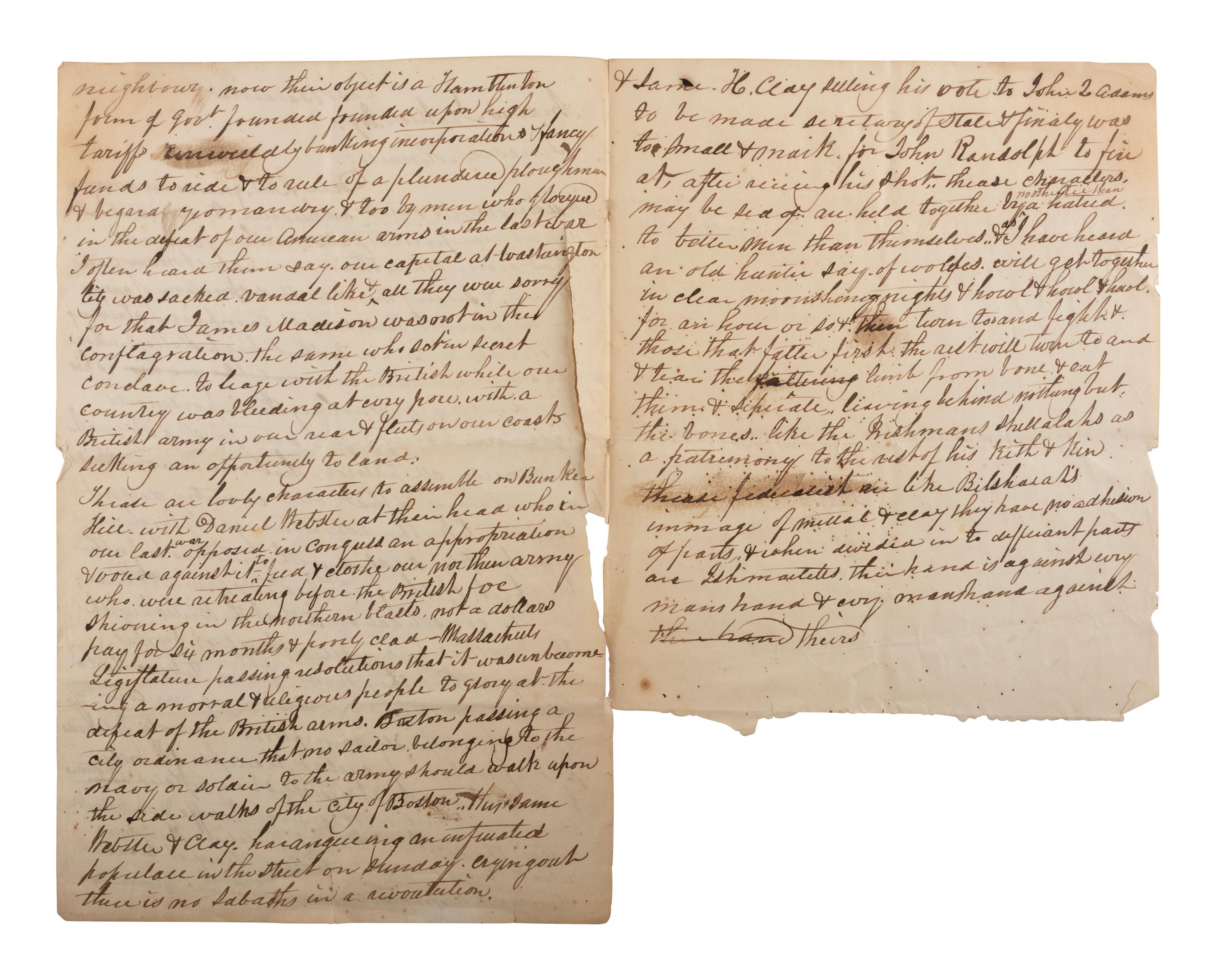 [JACKSON, Andrew (1767-1845)]. Unsigned draft letter addressed to Andrew Jackson, [ca 1828?].