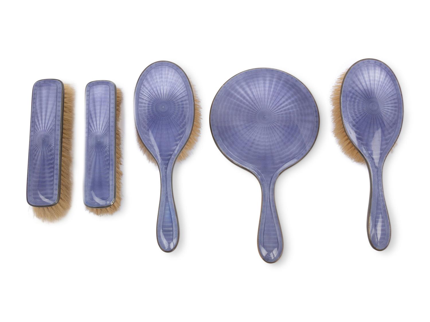 An English Silver and Guilloché Enamel Dresser Set
