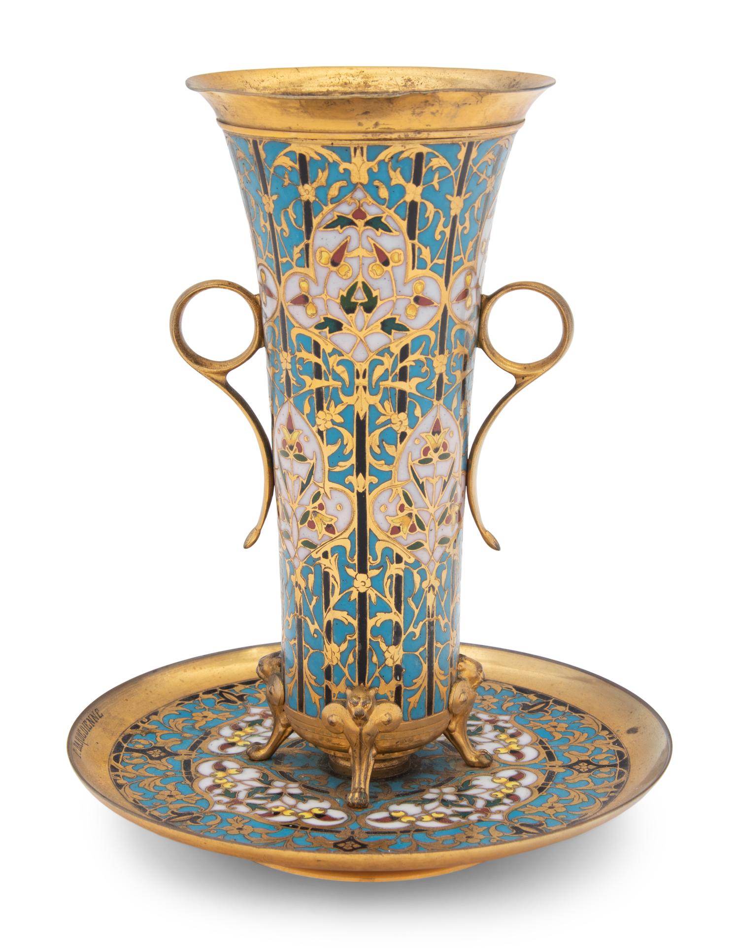 A French Brass and Champlevé Enamel Vase and Attached Underplate