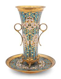 A French Brass and Champlevé Enamel Vase and Attached Underplate