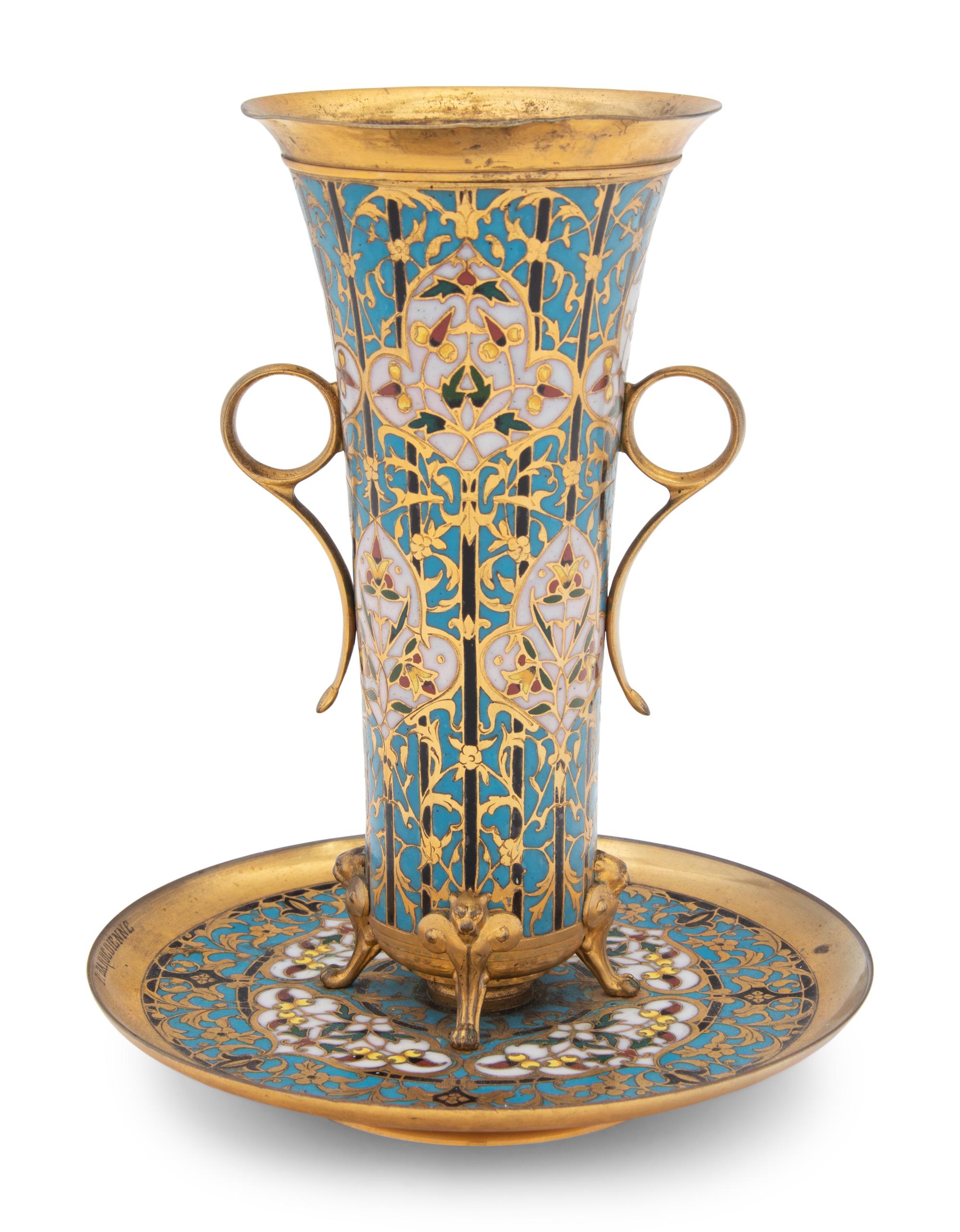 A French Brass and Champlevé Enamel Vase and Attached Underplate