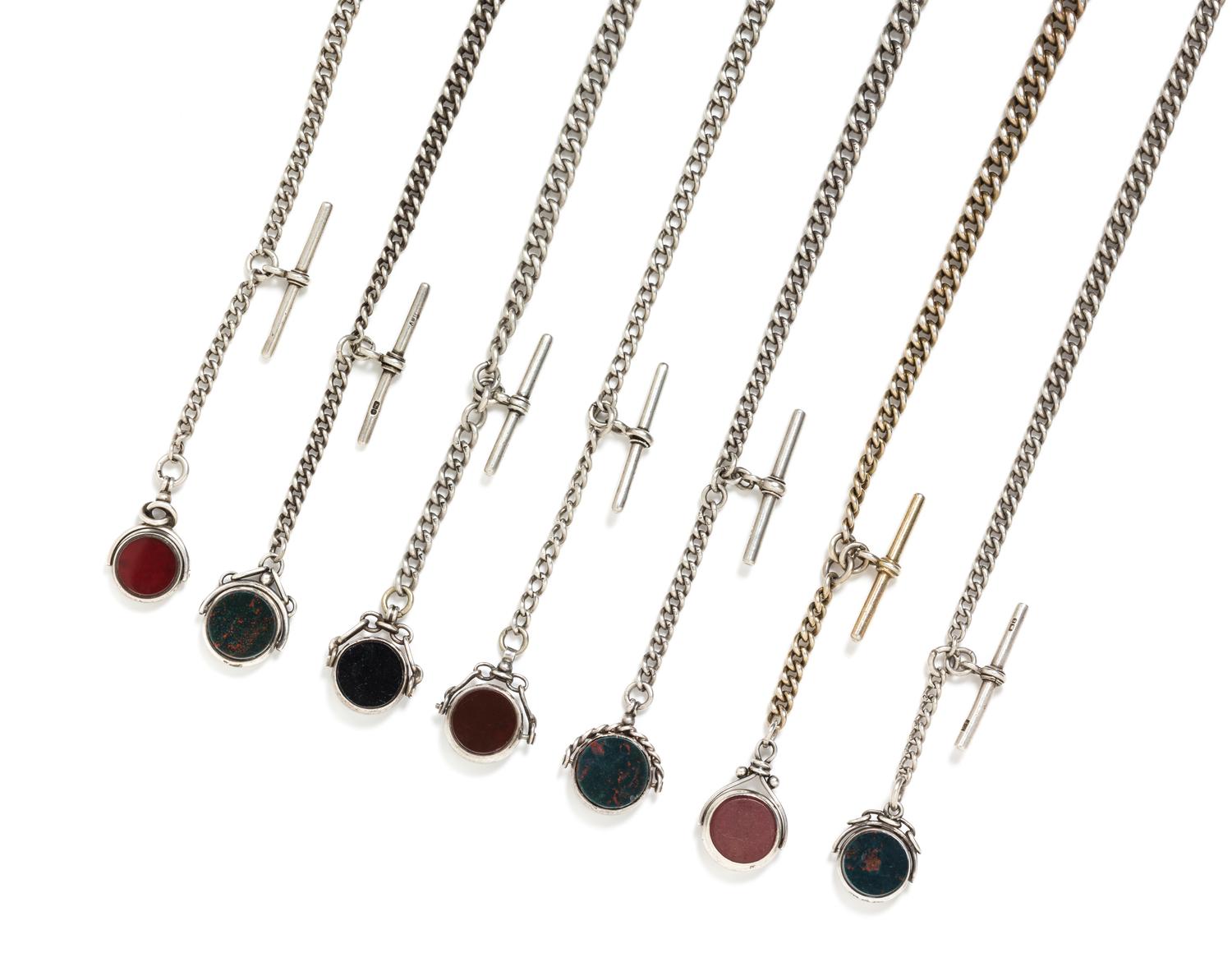 A Collection of Late Victorian Sterling Silver Watch Chain and Hardstone Swivel Fobs, British, 154.10 dwts.