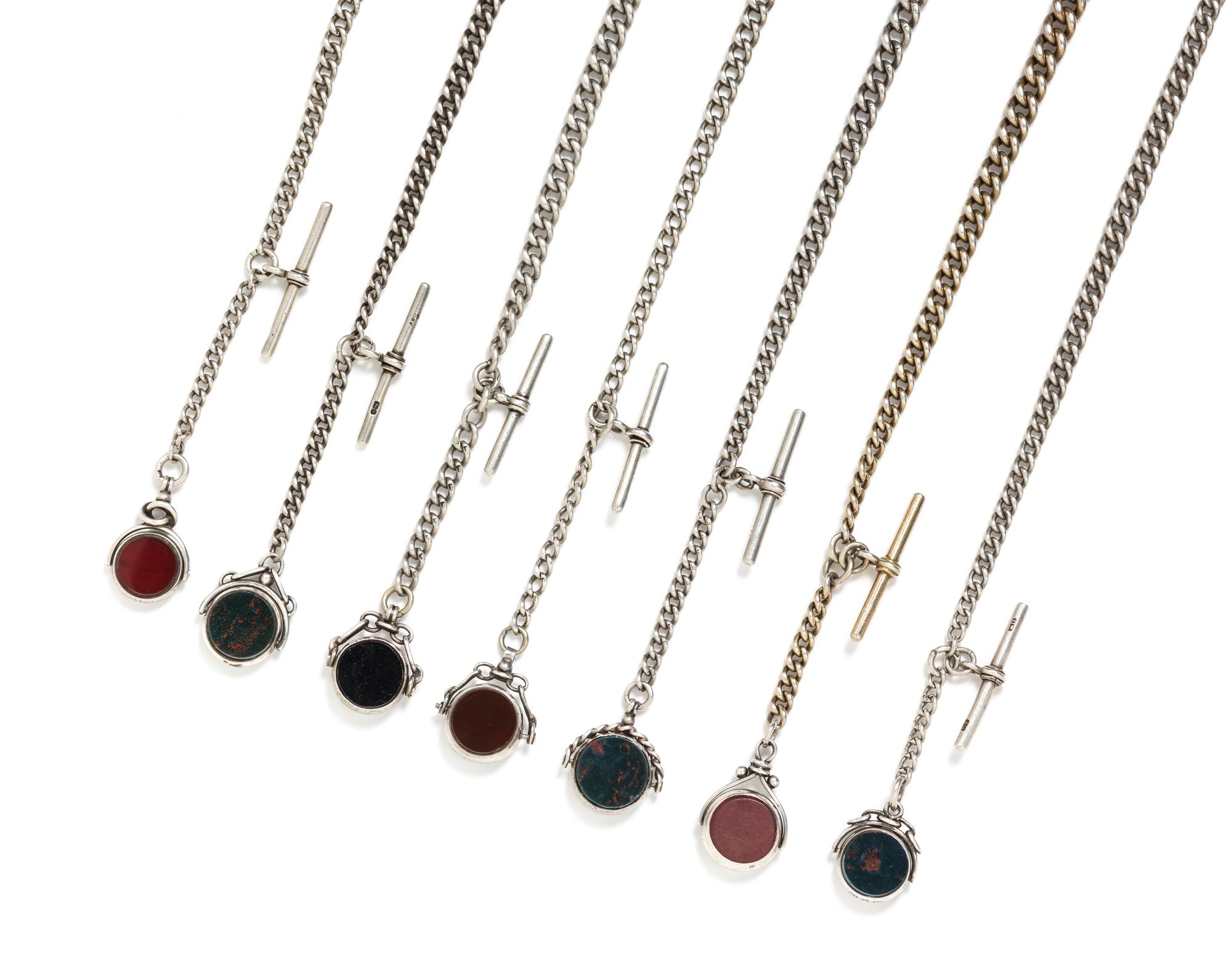 A Collection of Late Victorian Sterling Silver Watch Chain and Hardstone Swivel Fobs, British, 154.10 dwts.