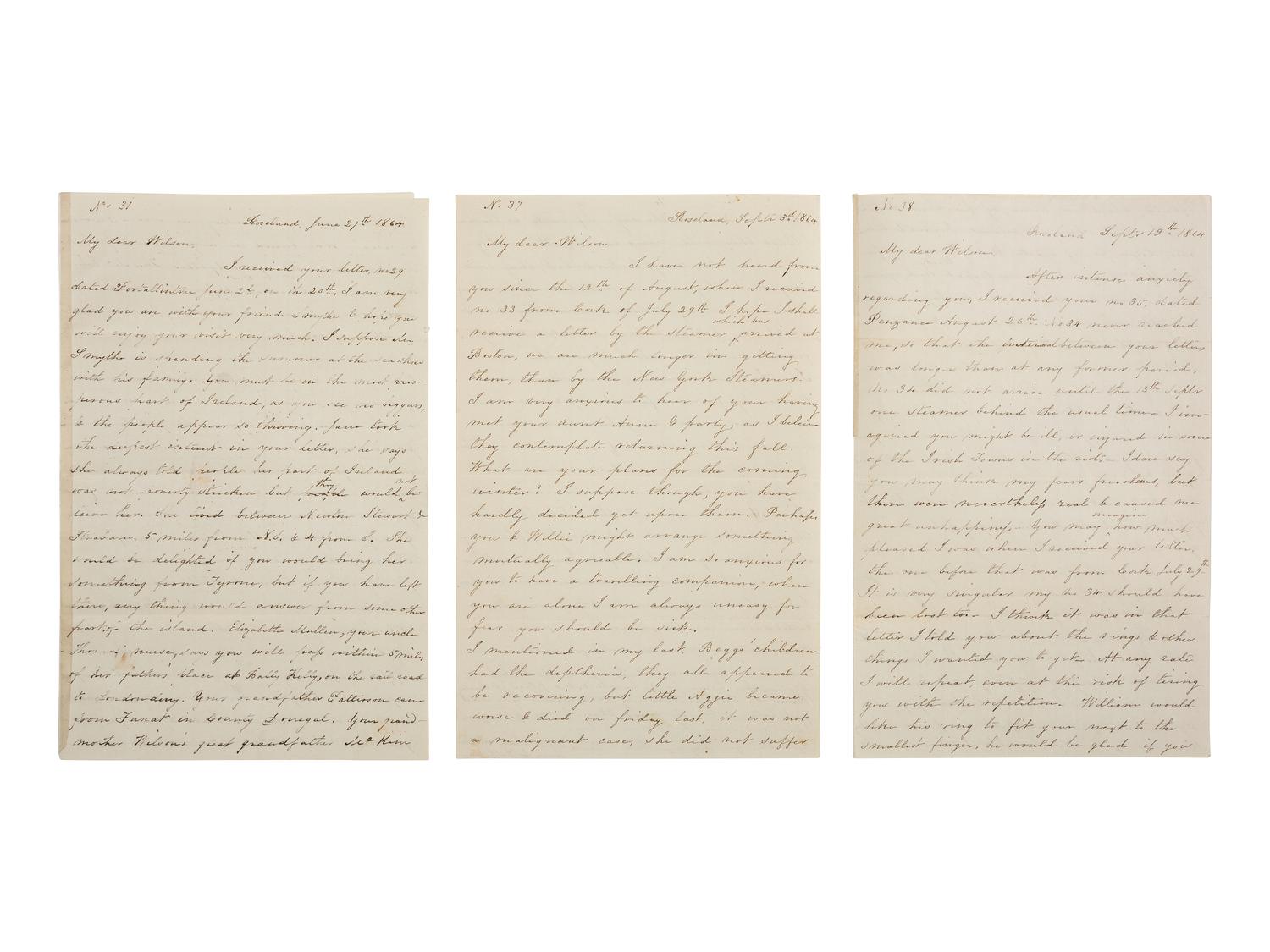 [CIVIL WAR]. Group of 6 letters from Confederate sympathizer Mary Wilson Patterson (1810-1884) of Baltimore, Maryland, describing the ongoing war to her son who was traveling through Europe.