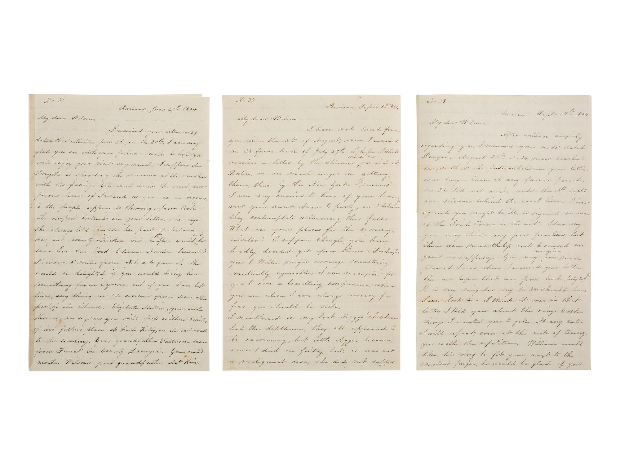 [CIVIL WAR]. Group of 6 letters from Confederate sympathizer Mary Wilson Patterson (1810-1884) of Baltimore, Maryland, describing the ongoing war to her son who was traveling through Europe.