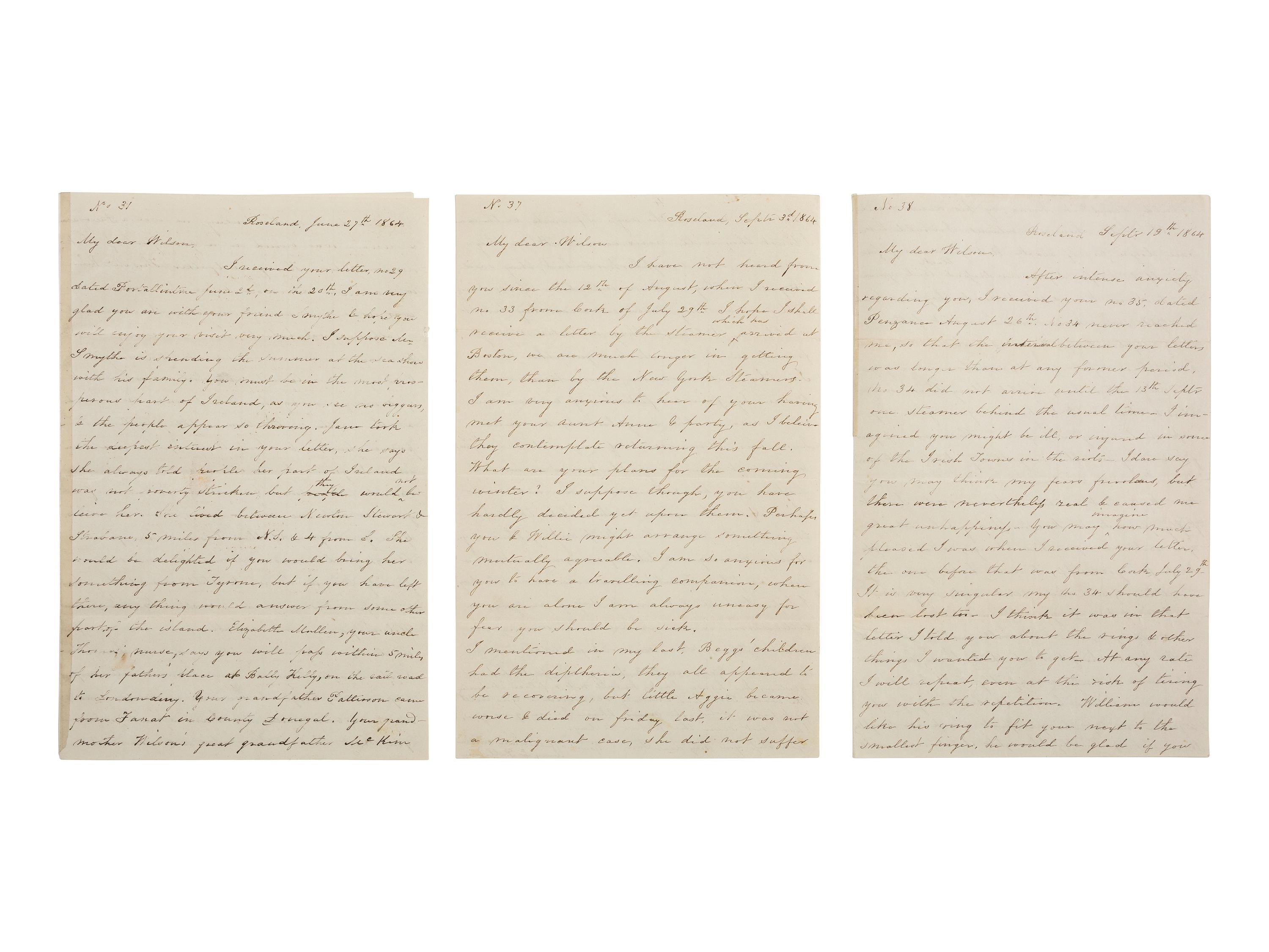 [CIVIL WAR]. Group of 6 letters from Confederate sympathizer Mary Wilson Patterson (1810-1884) of Baltimore, Maryland, describing the ongoing war to her son who was traveling through Europe.