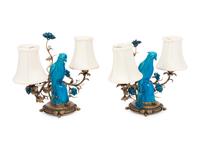 A Pair of Chinese Export Porcelain and Gilt Metal Mounted Two-Light Lamps