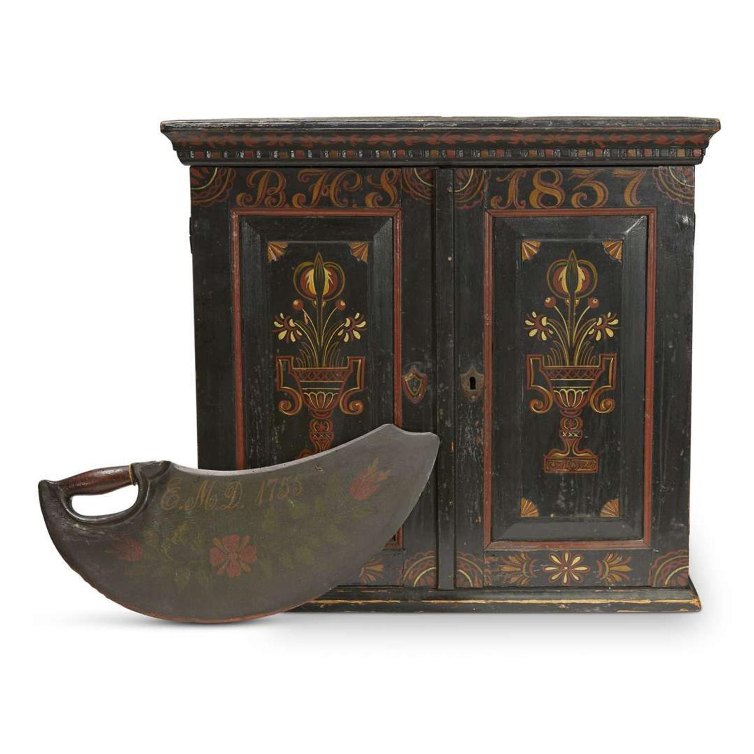 Paint-decorated wall cupboard and dough scraper Northern European, 18th-19th century