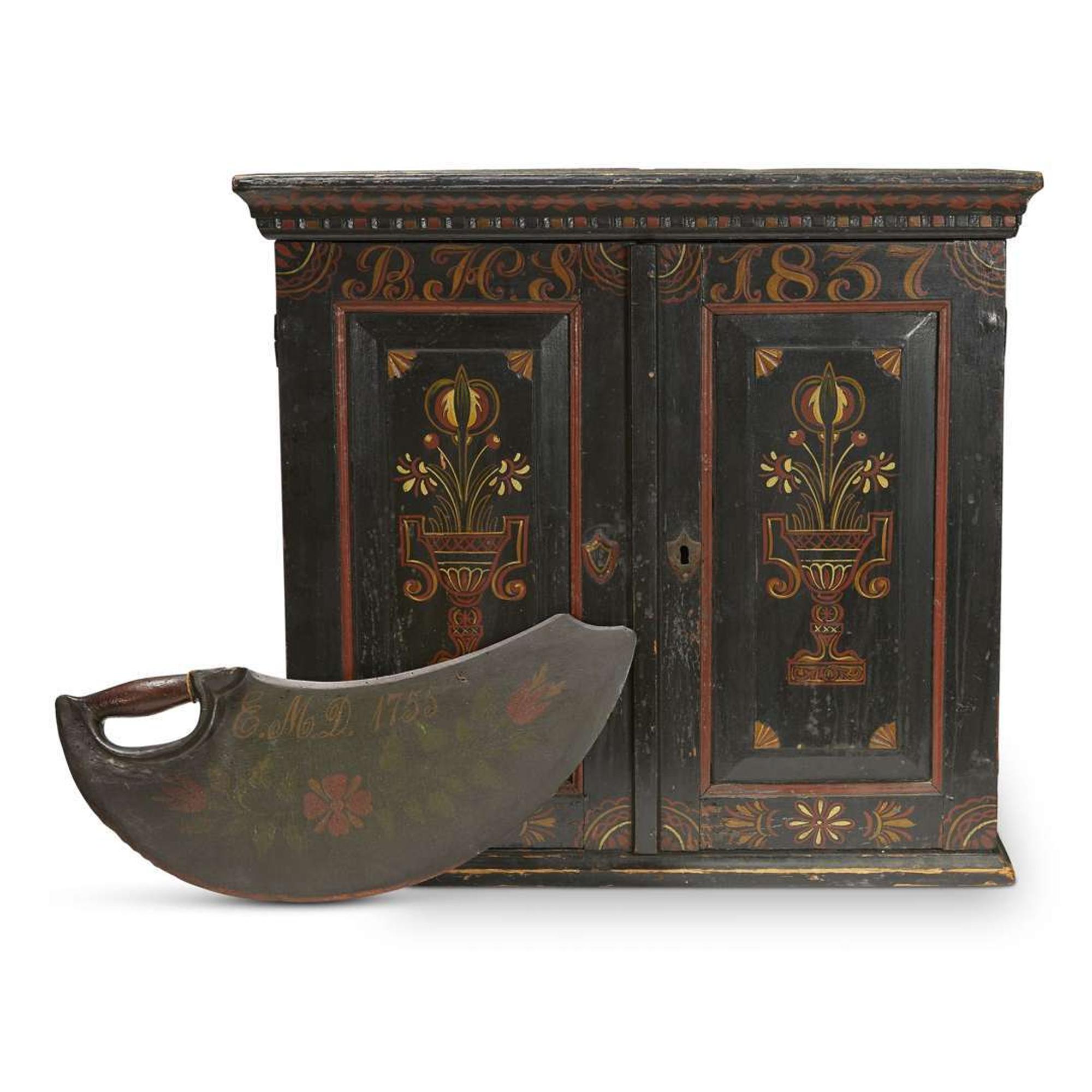 Paint-decorated wall cupboard and dough scraper Northern European, 18th-19th century