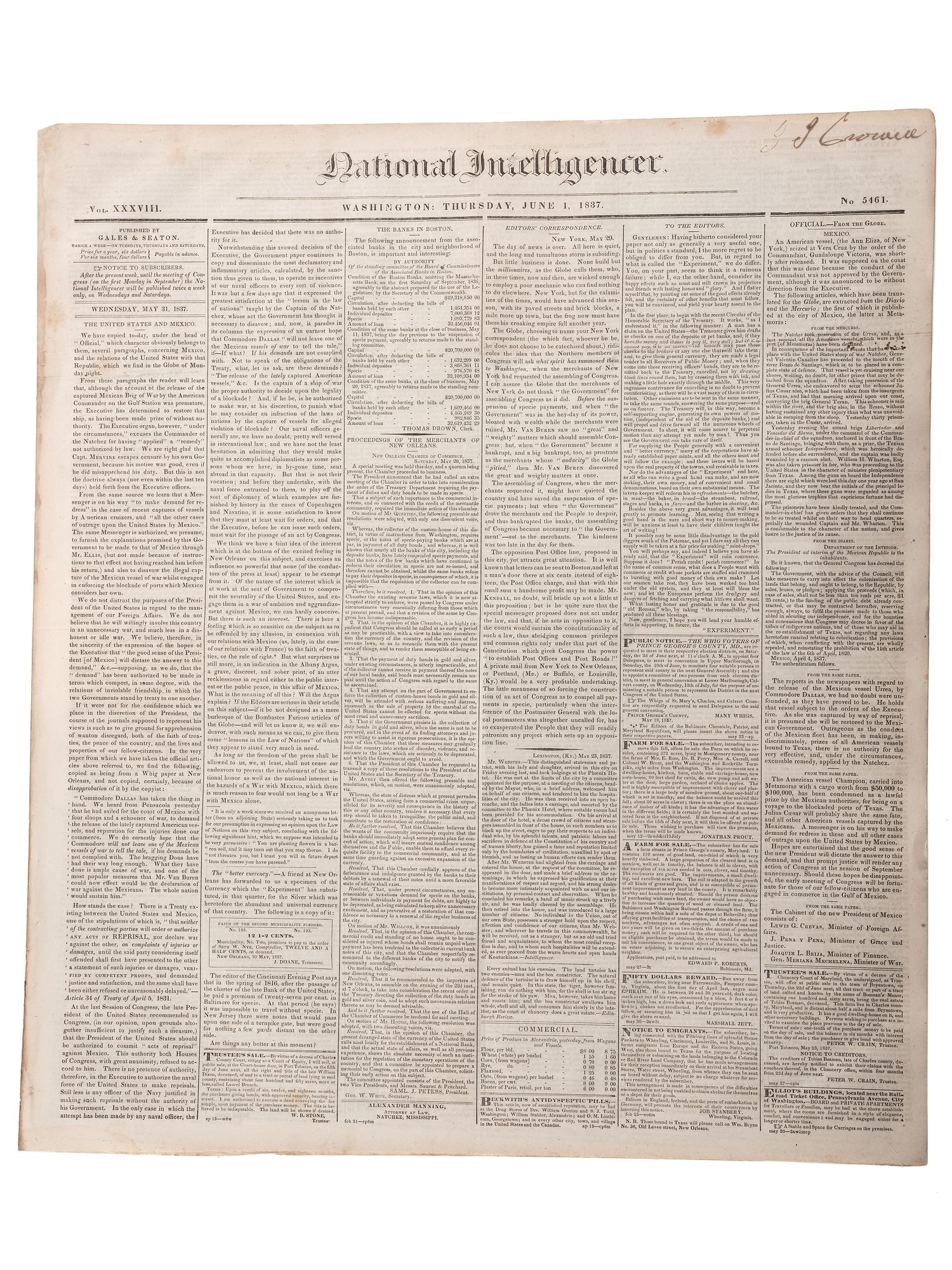 [SLAVERY & ABOLITION]. Advertisements for the return of freedom seekers published in 8 issues of The National Intelligencer . Washington, DC: May-August 1837.