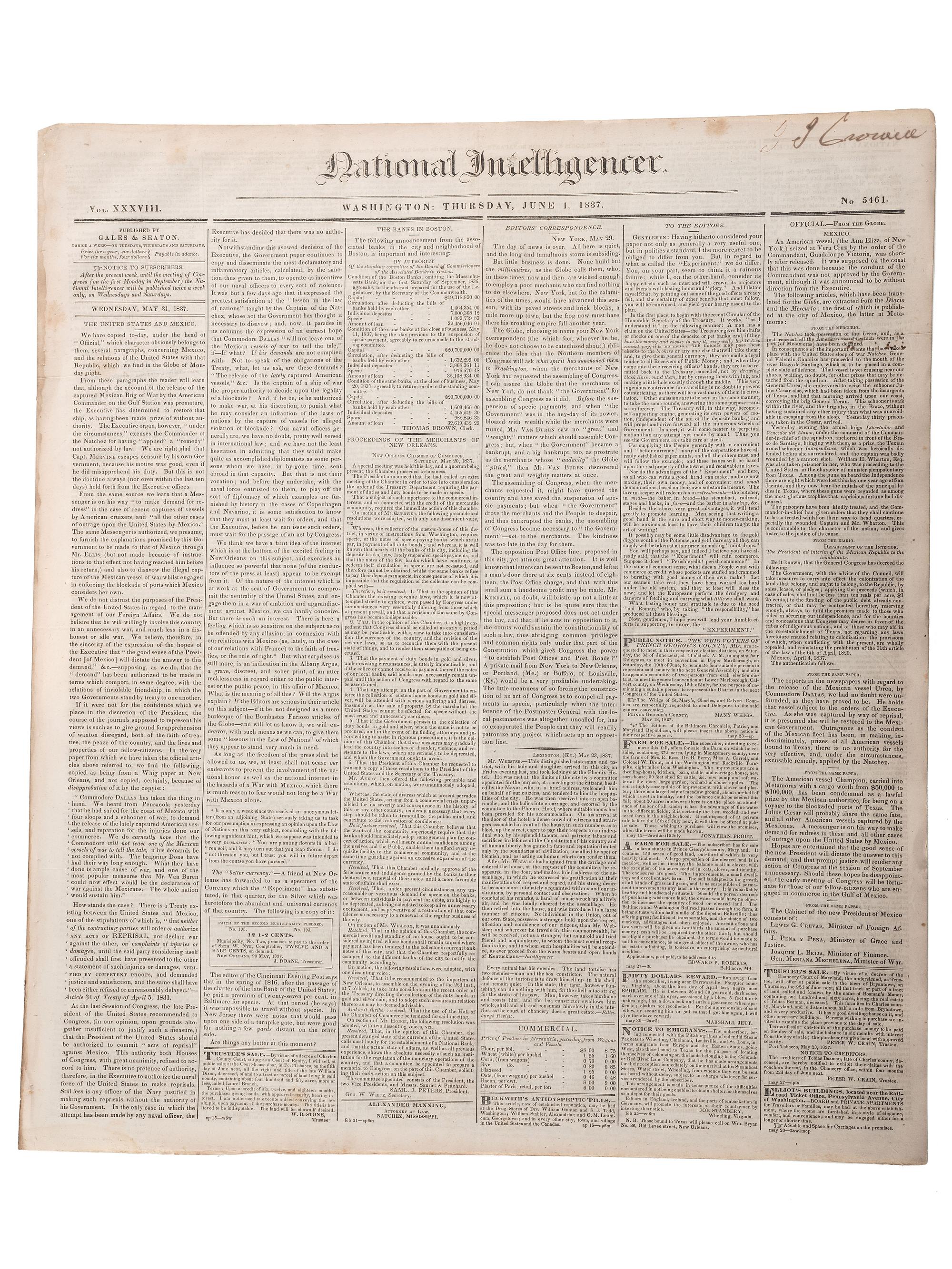 [SLAVERY & ABOLITION]. Advertisements for the return of freedom seekers published in 8 issues of The National Intelligencer . Washington, DC: May-August 1837.