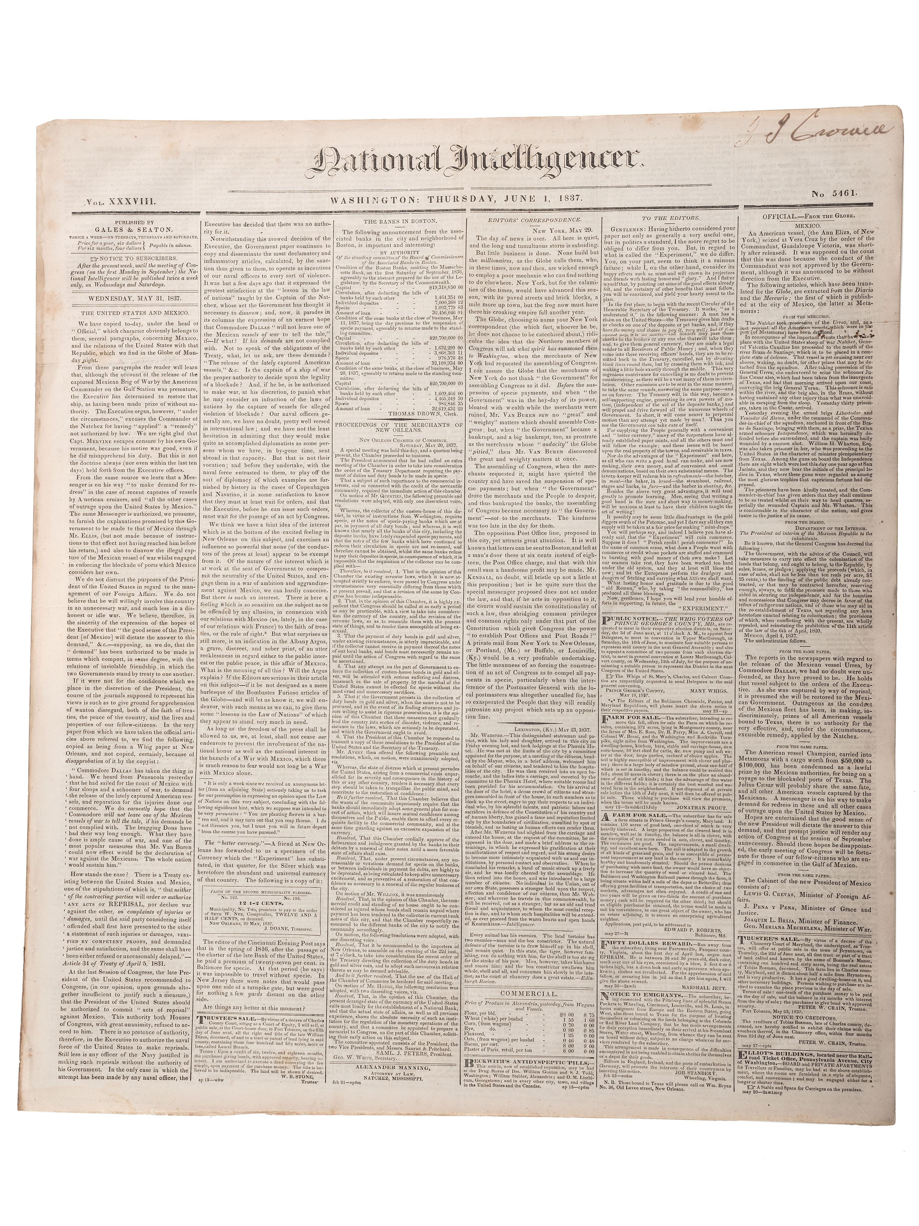 [SLAVERY & ABOLITION]. Advertisements for the return of freedom seekers published in 8 issues of The National Intelligencer . Washington, DC: May-August 1837.