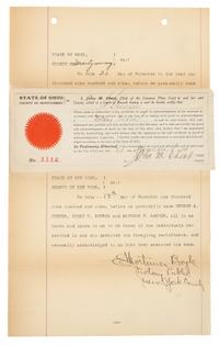 [WRIGHT BROTHERS]. WRIGHT, Wilbur (1867-1912) -- WRIGHT, Orville (1871-1948). Typed document signed ("Wilbur Wright", "Orville Wright", "George A. Steves", "Henry S. Hooker", "Alpheus F. Barnes"), New York, NY, 18 November 1909.