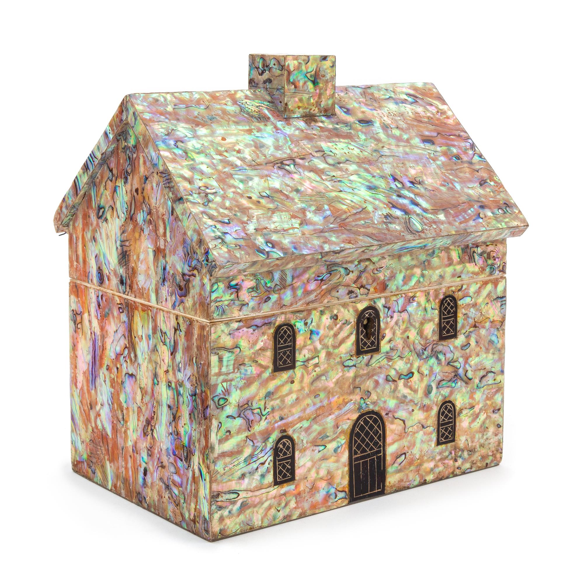 An English Mother-of-Pearl Veneered House-Form Tea Caddy Height 8 inches. — LATE 19TH/EARLY 20TH CENTURY