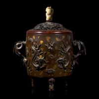 A Gold-Splashed Patinated Bronze Censer with Pierced Wood Cover, 19th Century 十九世紀 銅灑片金龍紋雙耳三足爐