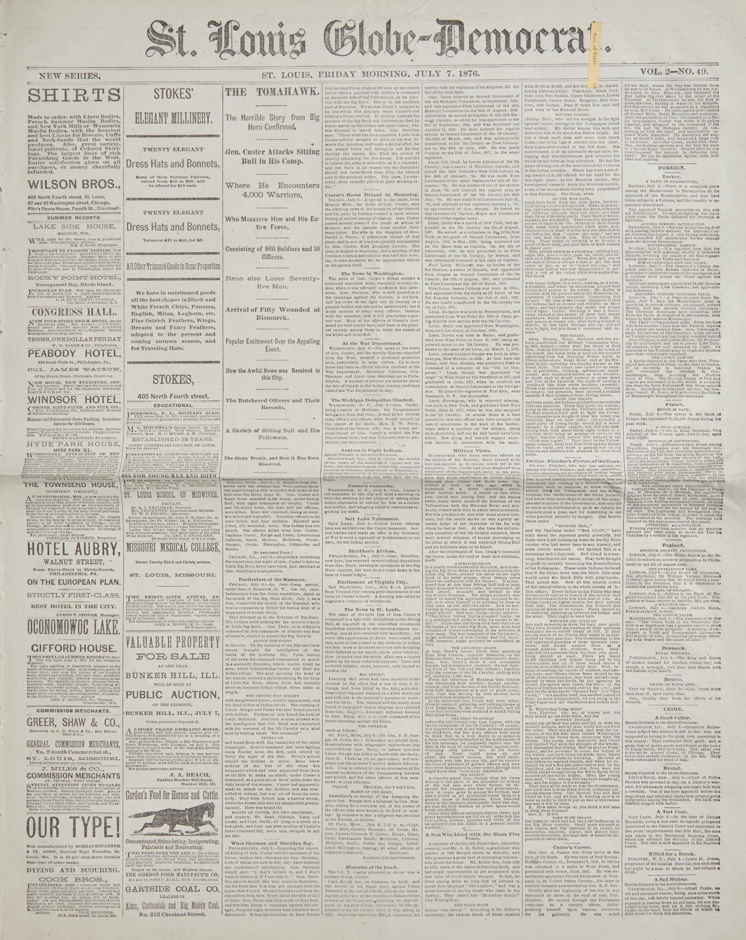 [Indian Wars] [Custer, George A.] A Secretary of State's Copy of This St. Louis Newspaper, Reporting on the Recent Battle of Little Big Horn: "The Horrible Story...Confirmed"