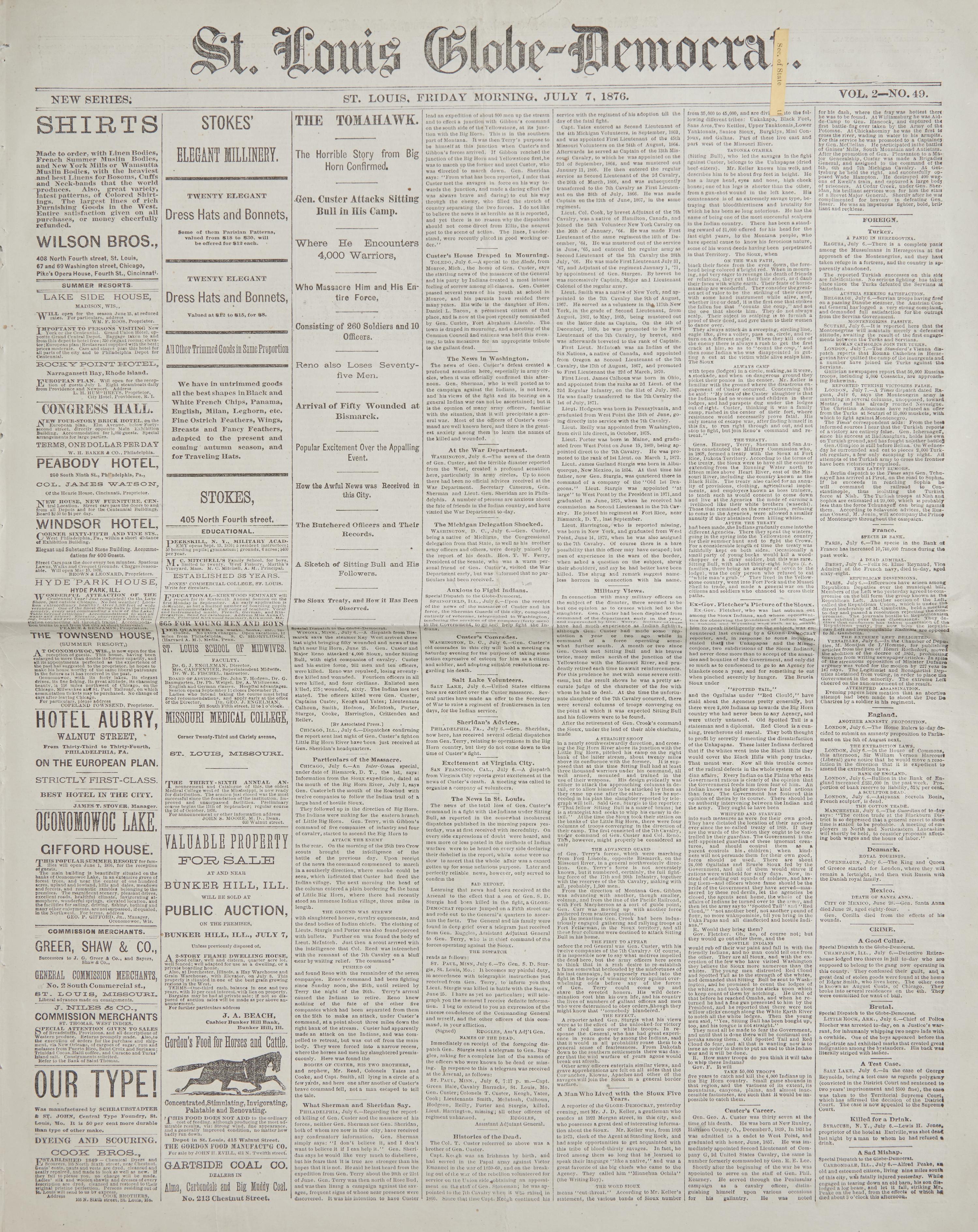 [Indian Wars] [Custer, George A.] A Secretary of State's Copy of This St. Louis Newspaper, Reporting on the Recent Battle of Little Big Horn: "The Horrible Story...Confirmed"