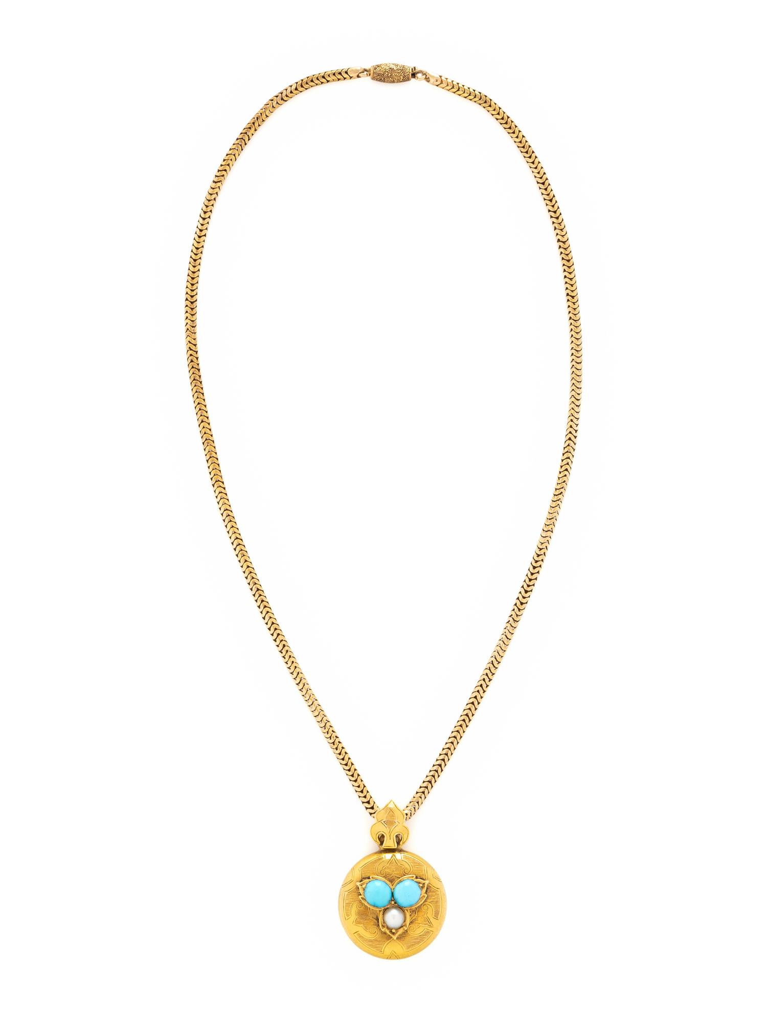 ANTIQUE, YELLOW GOLD, TURQUOISE AND SEED PEARL PENDANT ON CHAIN