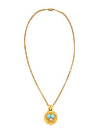 ANTIQUE, YELLOW GOLD, TURQUOISE AND SEED PEARL PENDANT ON CHAIN