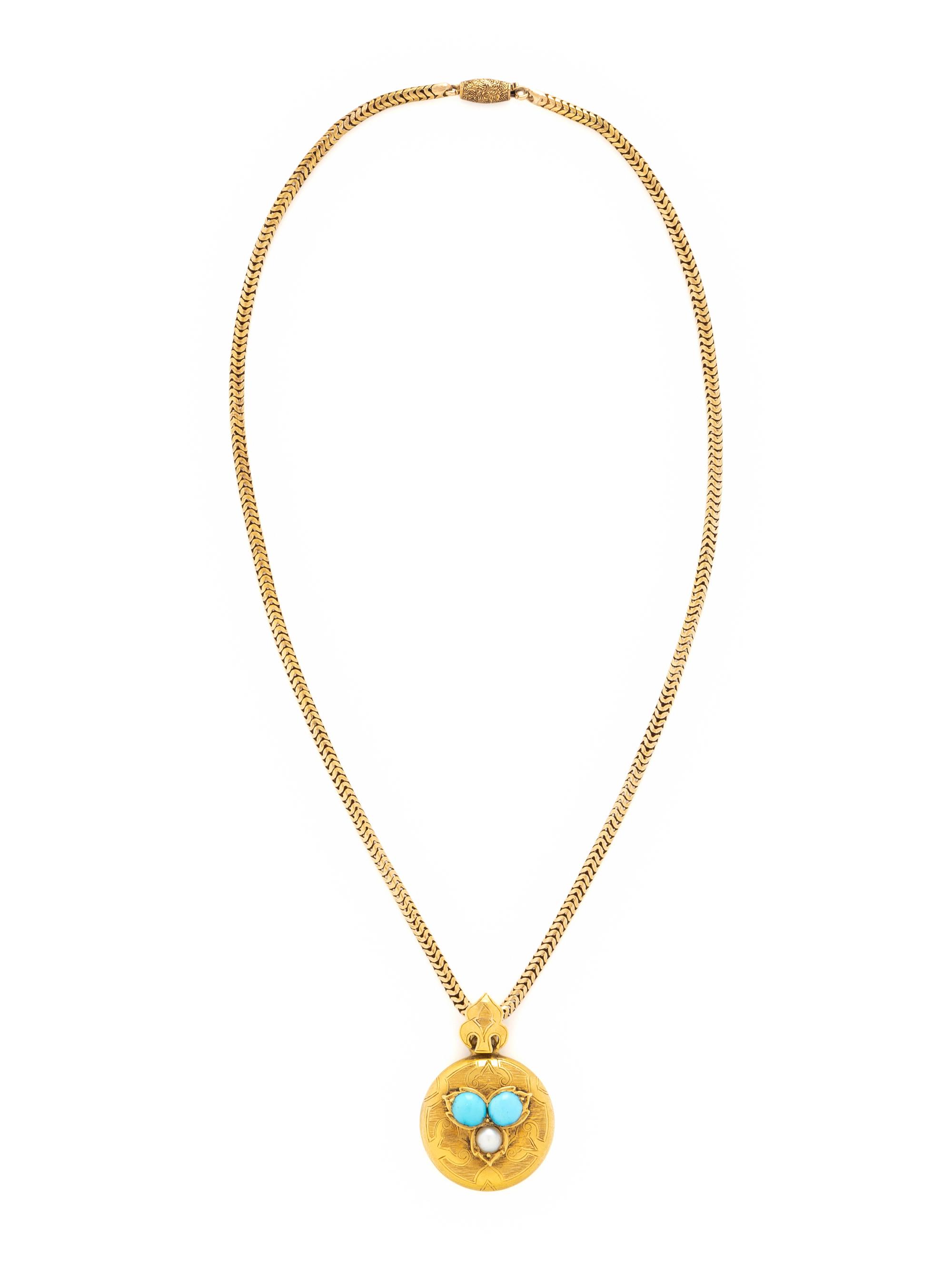 ANTIQUE, YELLOW GOLD, TURQUOISE AND SEED PEARL PENDANT ON CHAIN